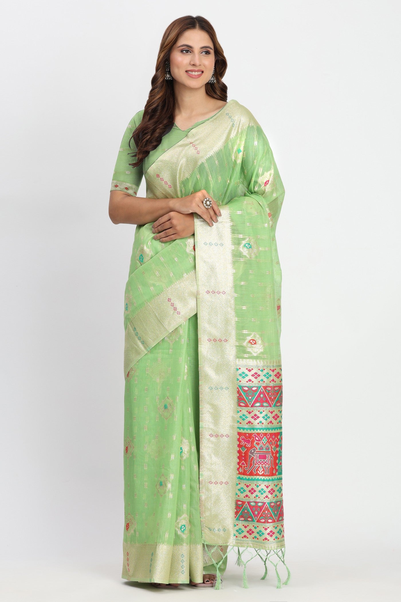Buy MySilkLove Tree Green Woven Linen Cotton Saree Online
