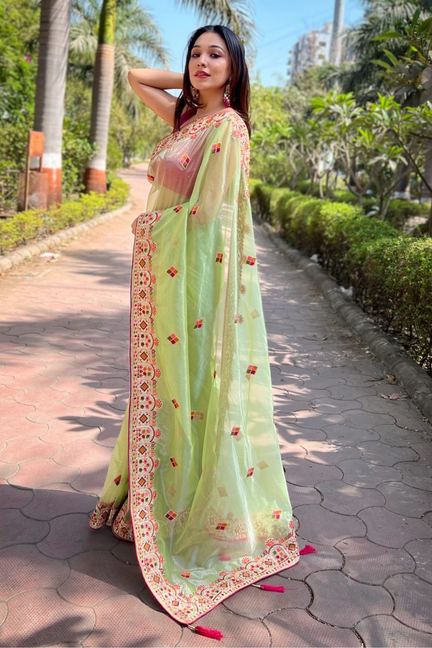 Buy MySilkLove Pista Green Embroidered Tissue Silk Saree Online