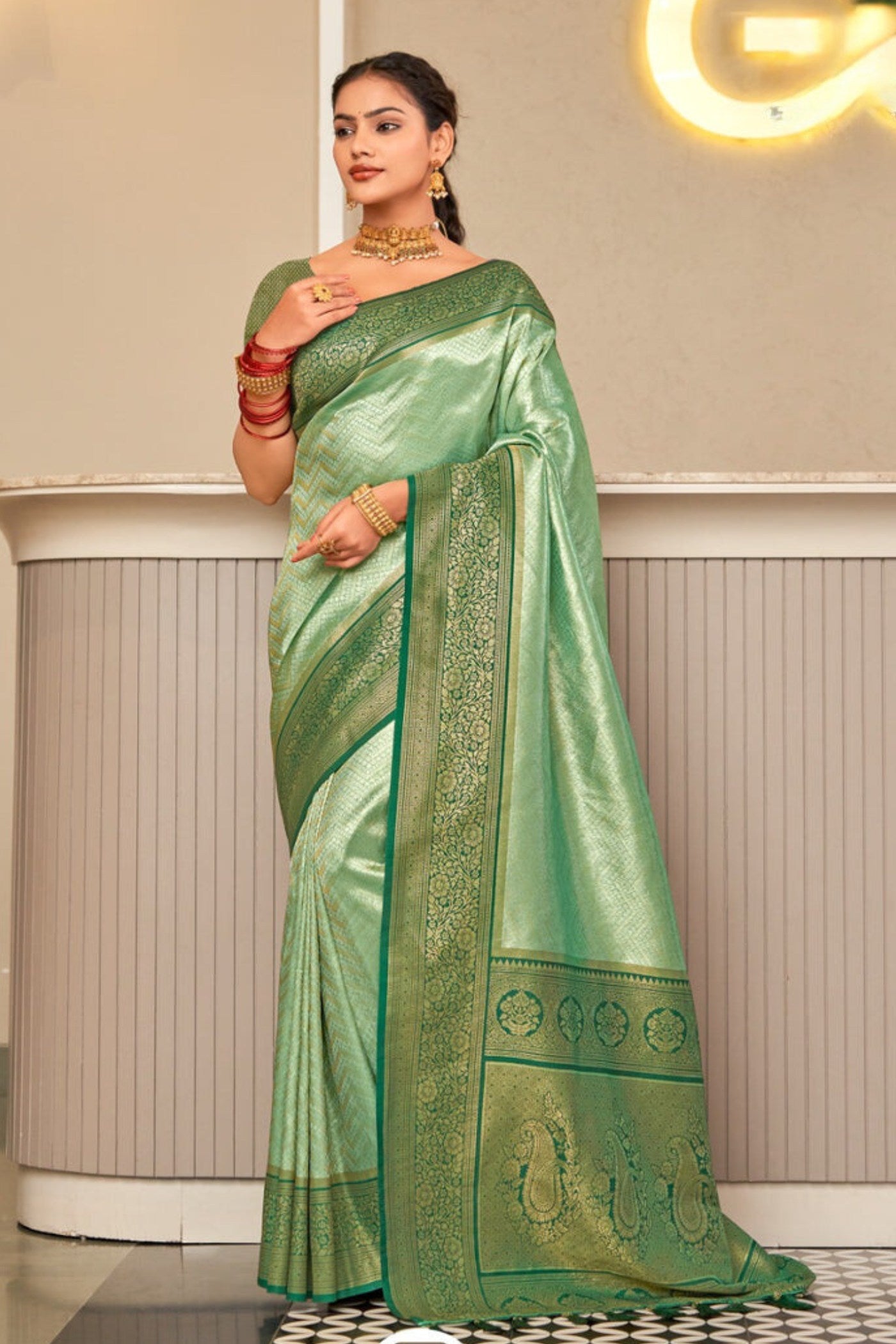 Buy MySilkLove Shimmer Green Zari Woven Kanjivaram Saree Online