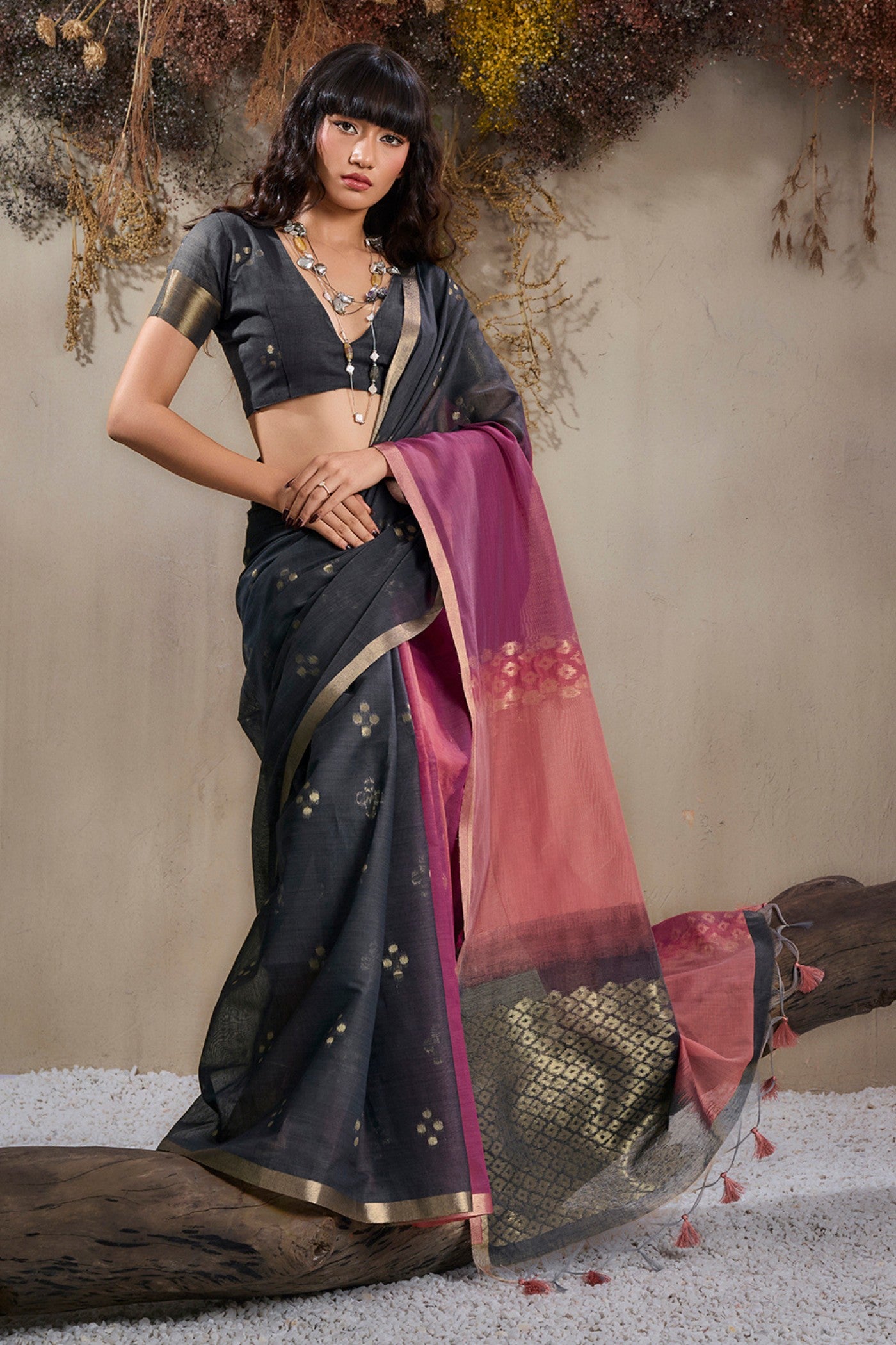 Buy MySilkLove Alchemy Black and Pink Handloom Cotton Saree Online