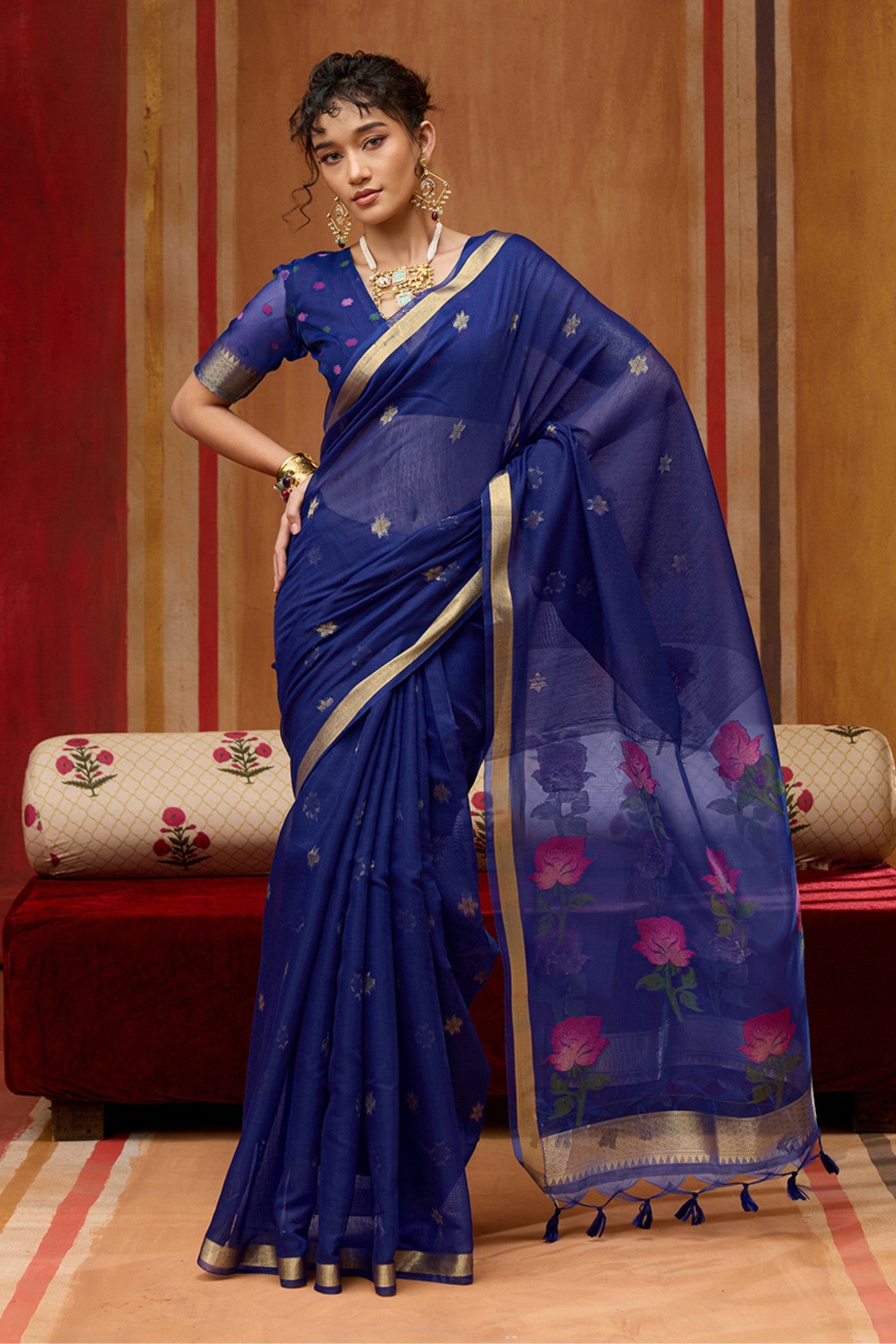 Buy MySilkLove Chill Blue Handloom Muga Cotton Saree Online
