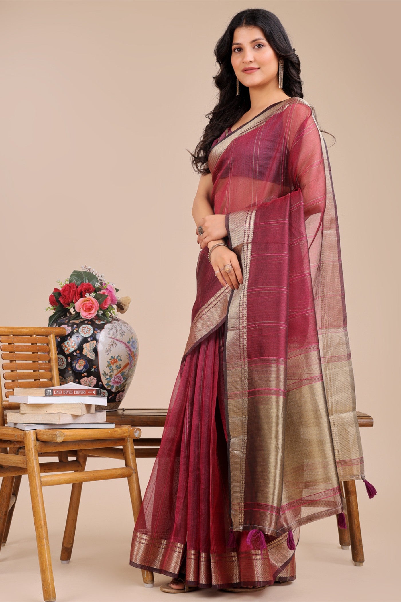 Buy MySilkLove Burgundy Maroon Woven Organza Saree Online