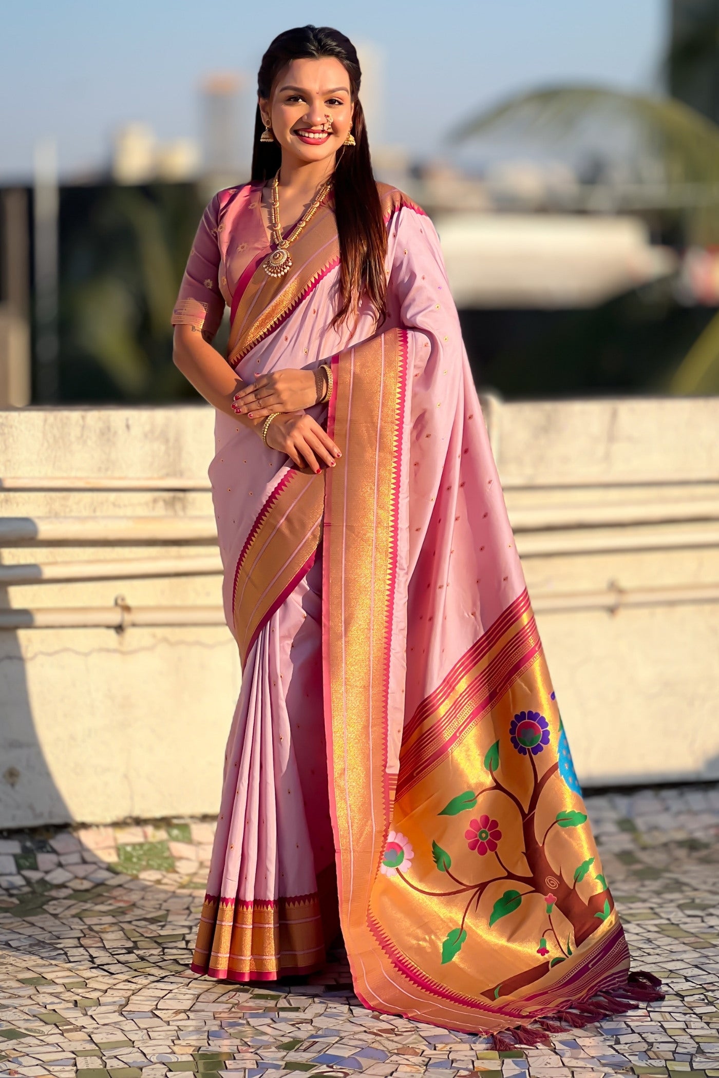 Buy MySilkLove Brilliant Rose Pink Zari Woven Paithani Saree Online