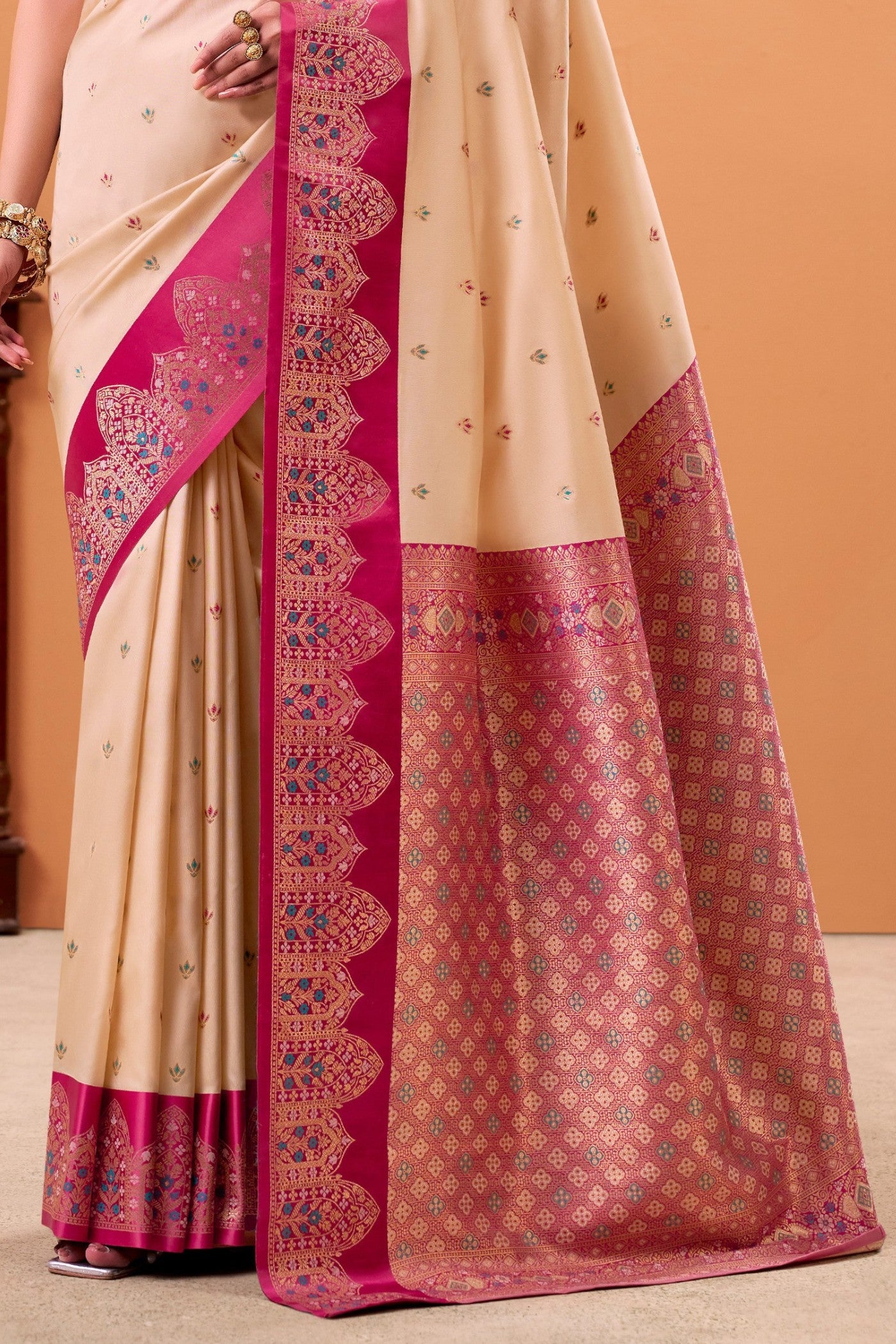 Buy MySilkLove Almond Cream Woven Satin Soft Silk Saree Online