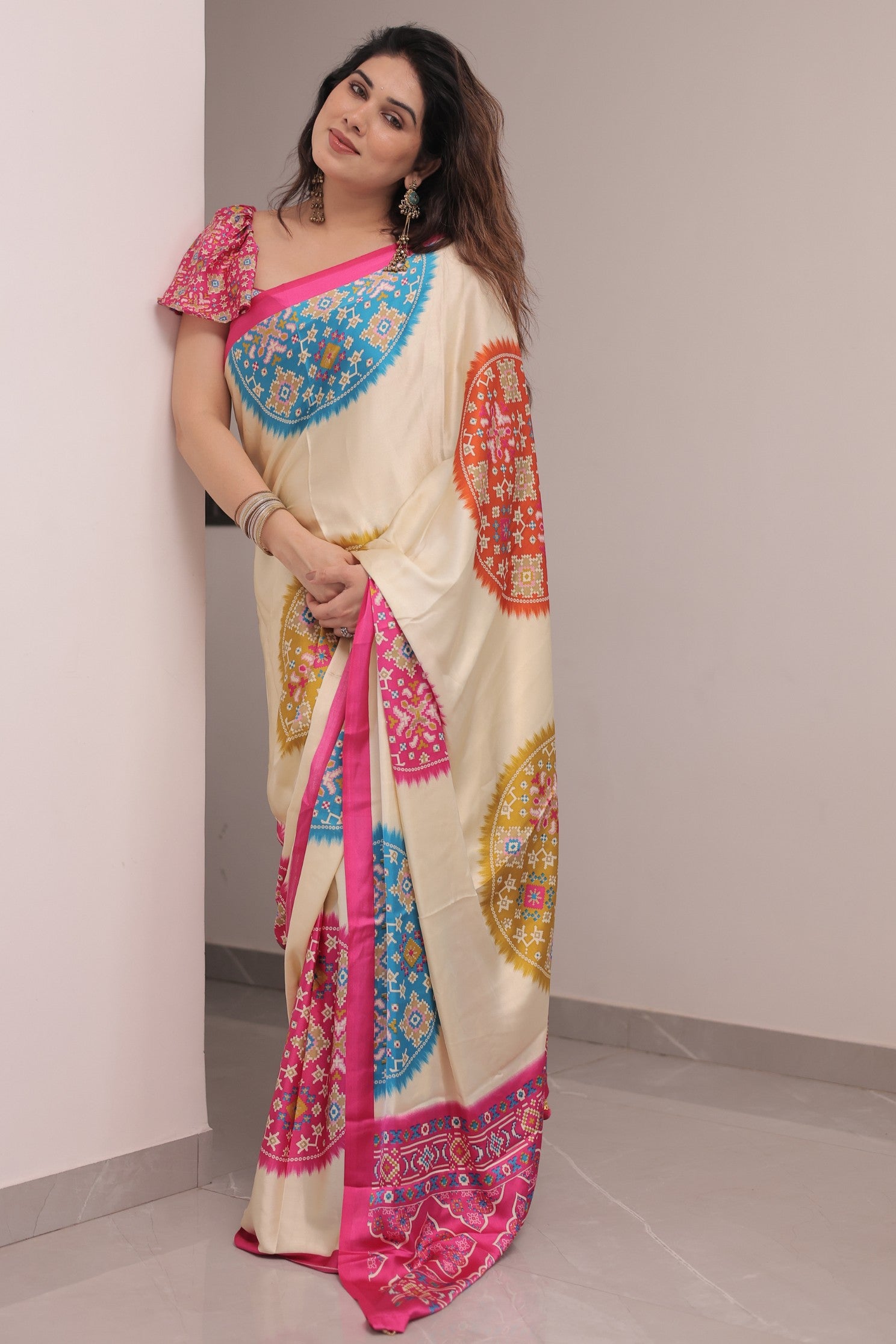 MySilkLove Vanilla Cream and Pink Modal Ajrakh Printed Silk Saree