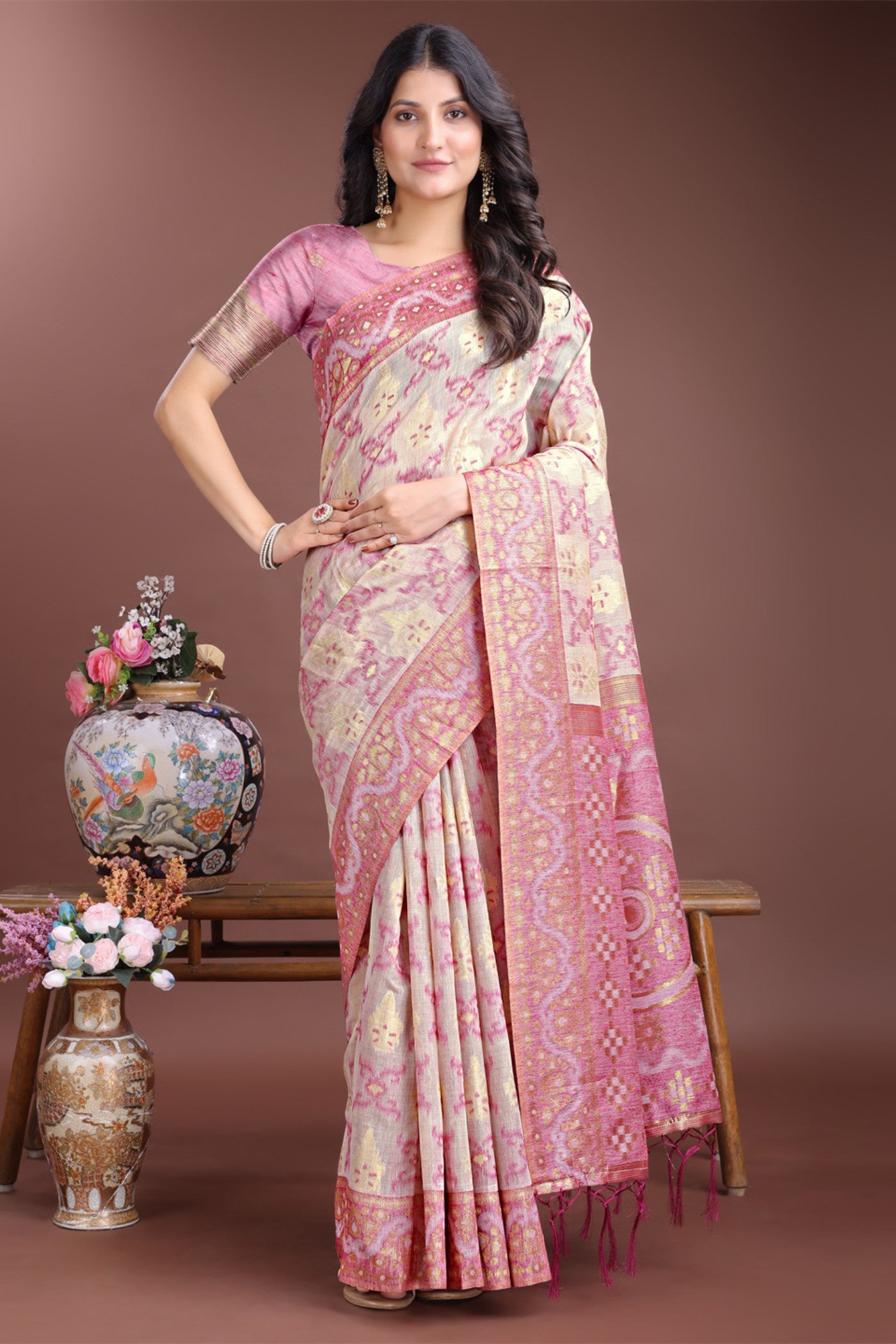 Buy MySilkLove Moranch Pink Linen Cotton Saree Online
