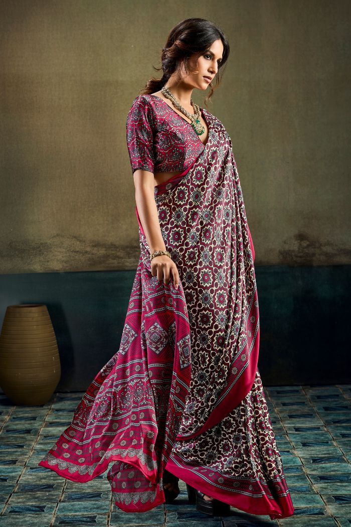 Buy MySilkLove Elegant Maroon Modal Ajrakh Satin Printed Silk Saree Online