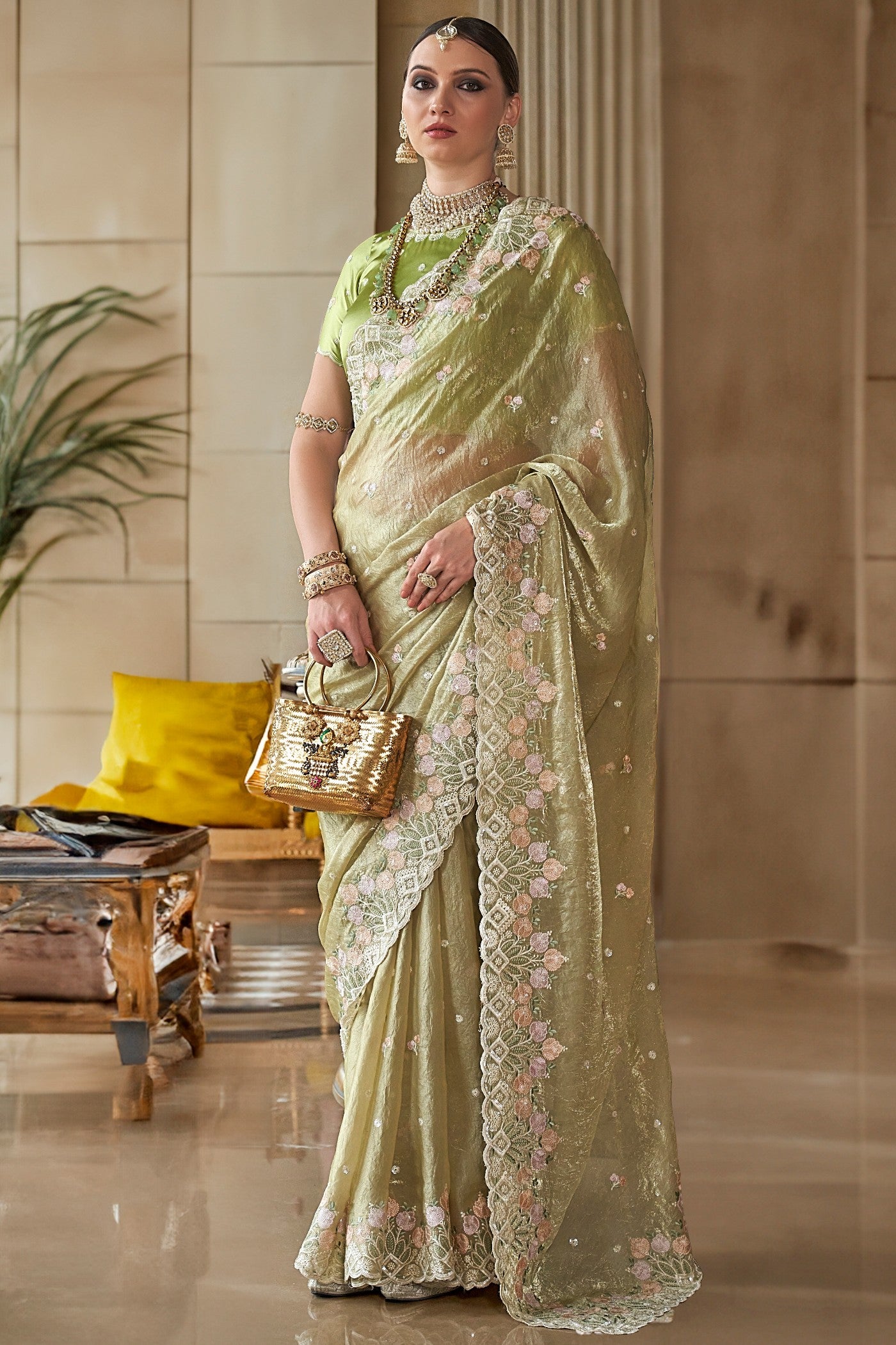 Buy MySilkLove Heathered Green Tissue Designer Saree Online