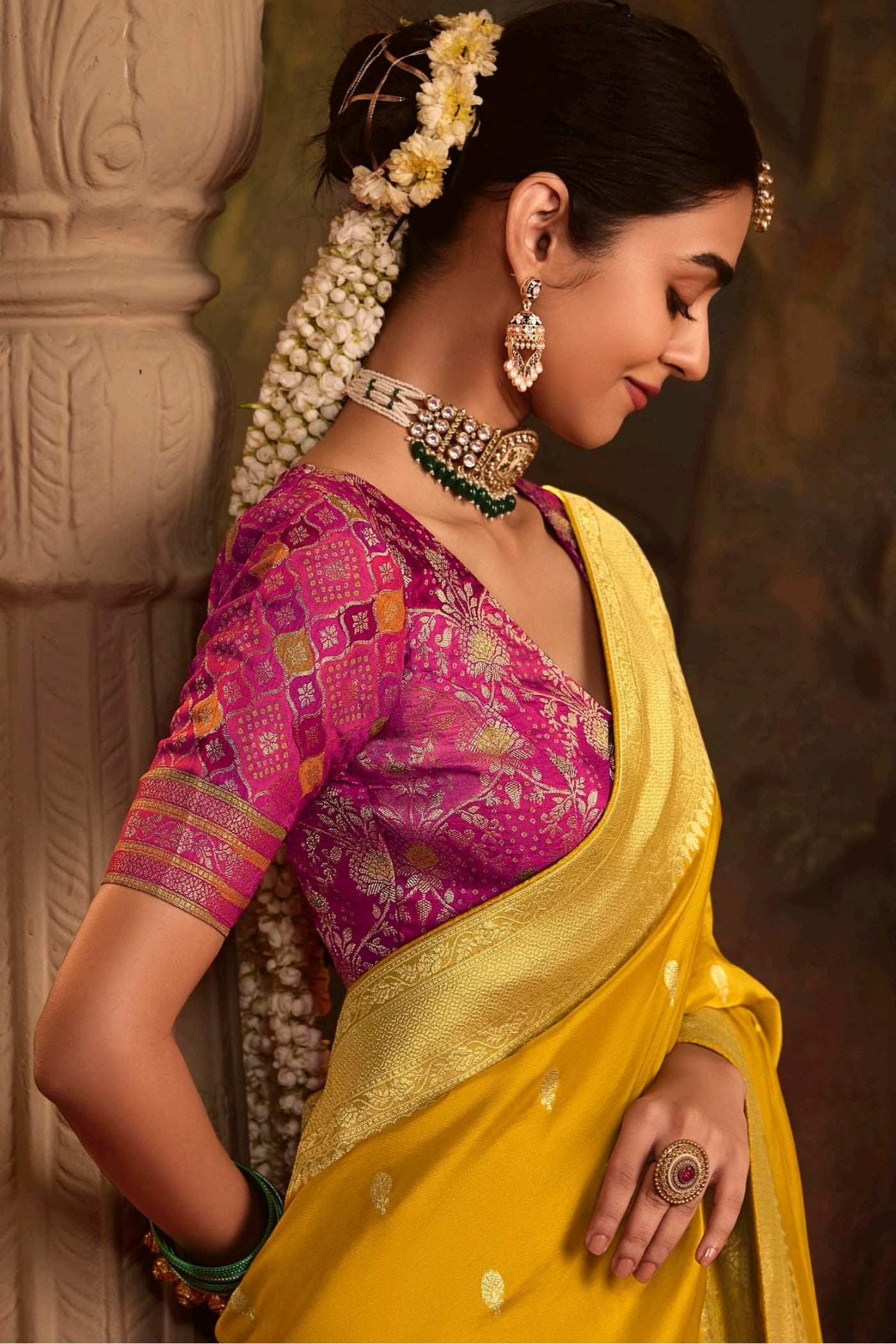 MySilkLove Equator Yellow Designer Banarasi Dola Silk Saree