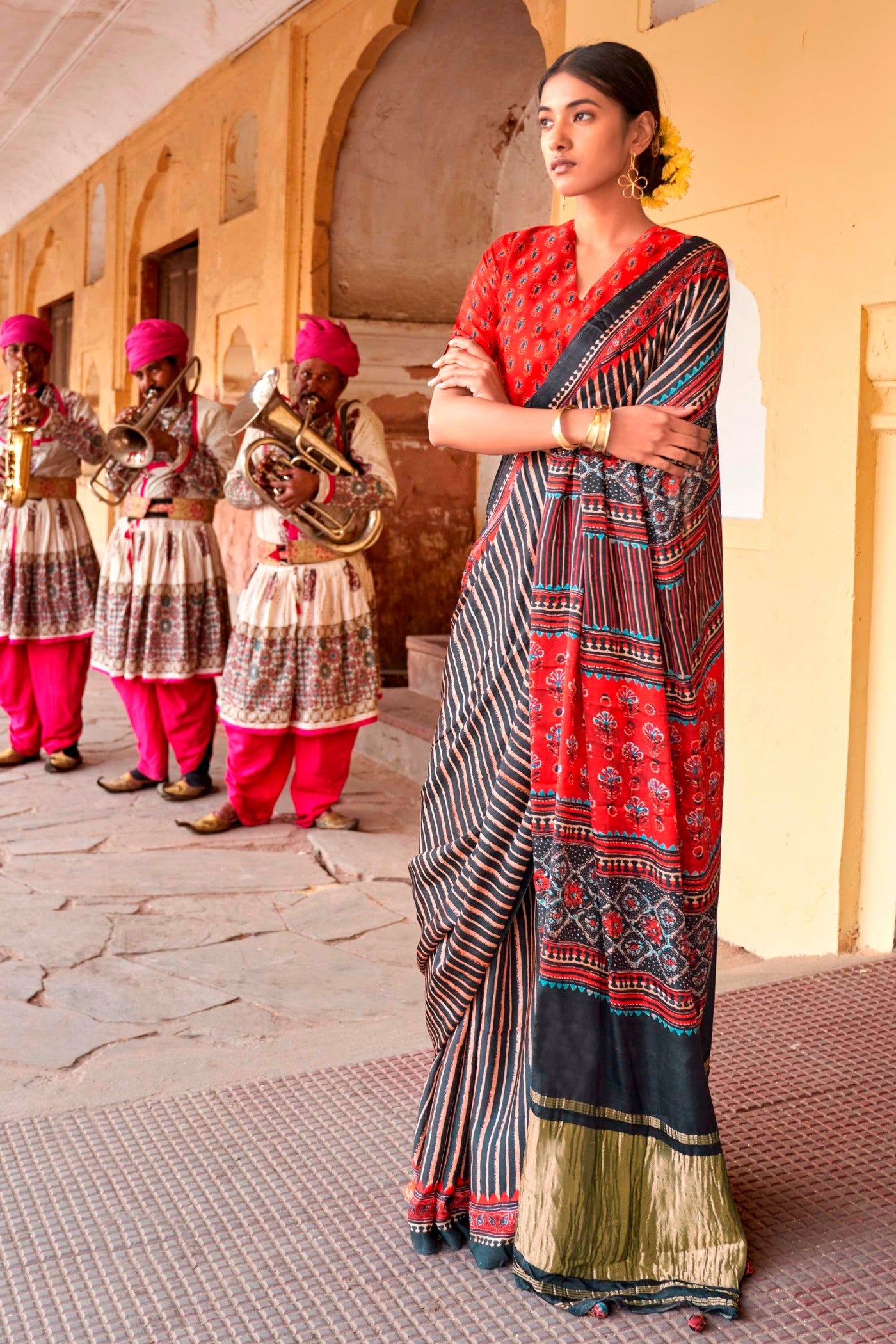 Buy MySilkLove Spicy Grey Ajrakh Handprinted Satin Saree Online