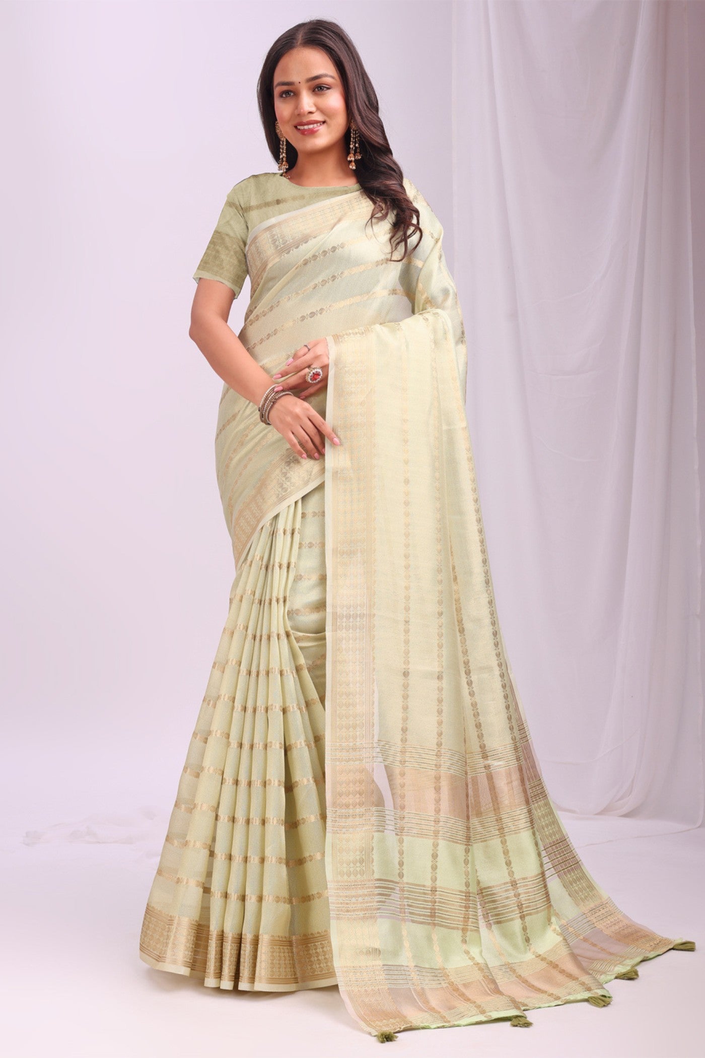 Buy MySilkLove Ivory Cream Woven Organza Saree Online