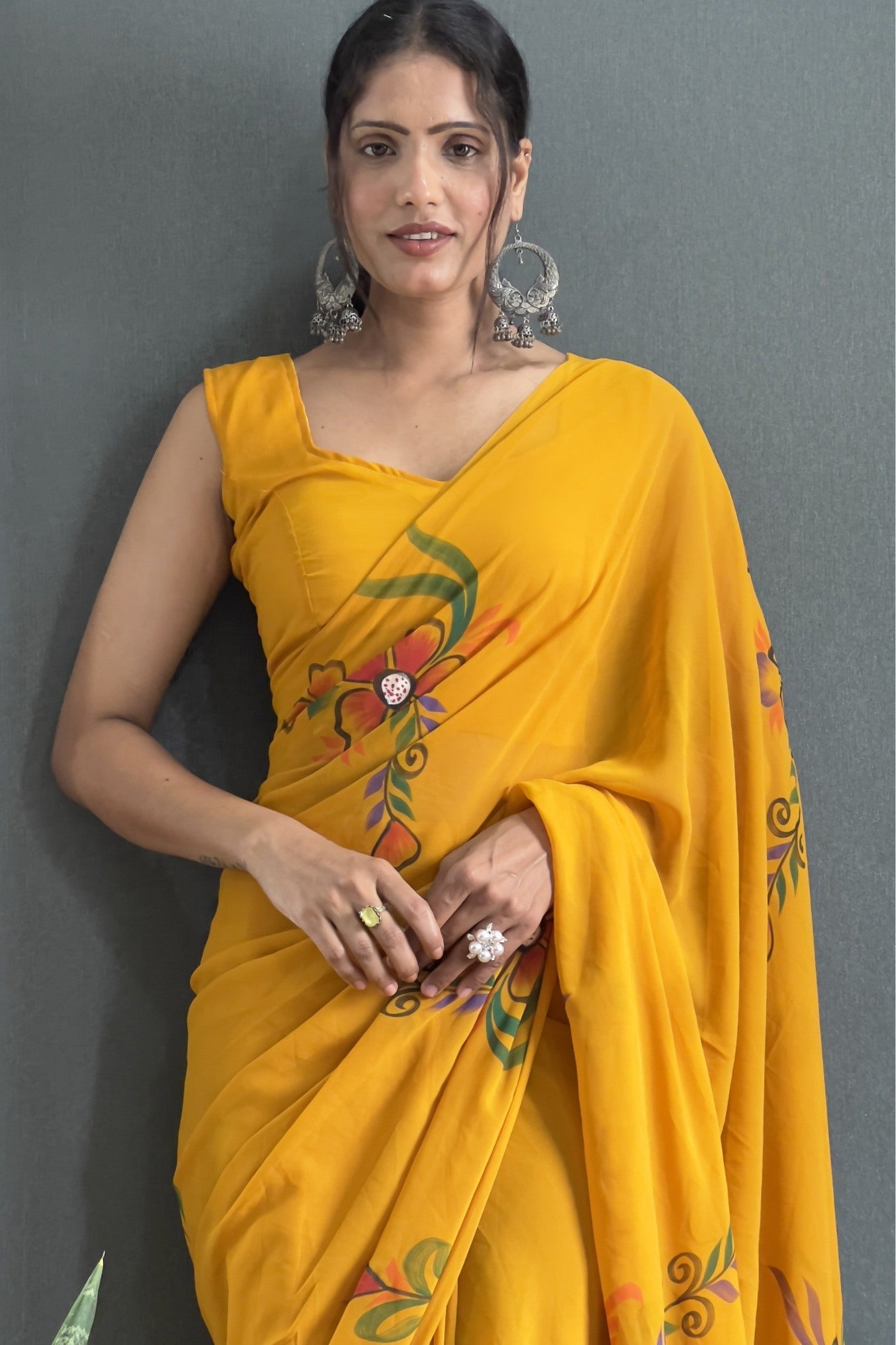 MySilkLove Calla lily Yellow Hand Painted Georgette Saree