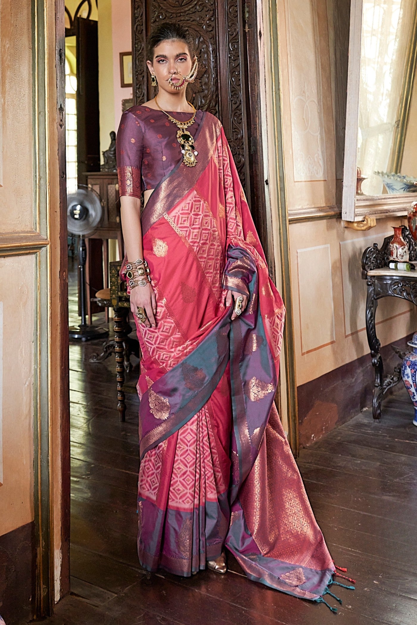 Buy MySilkLove Jam Pink Banarasi Handloom Saree Online