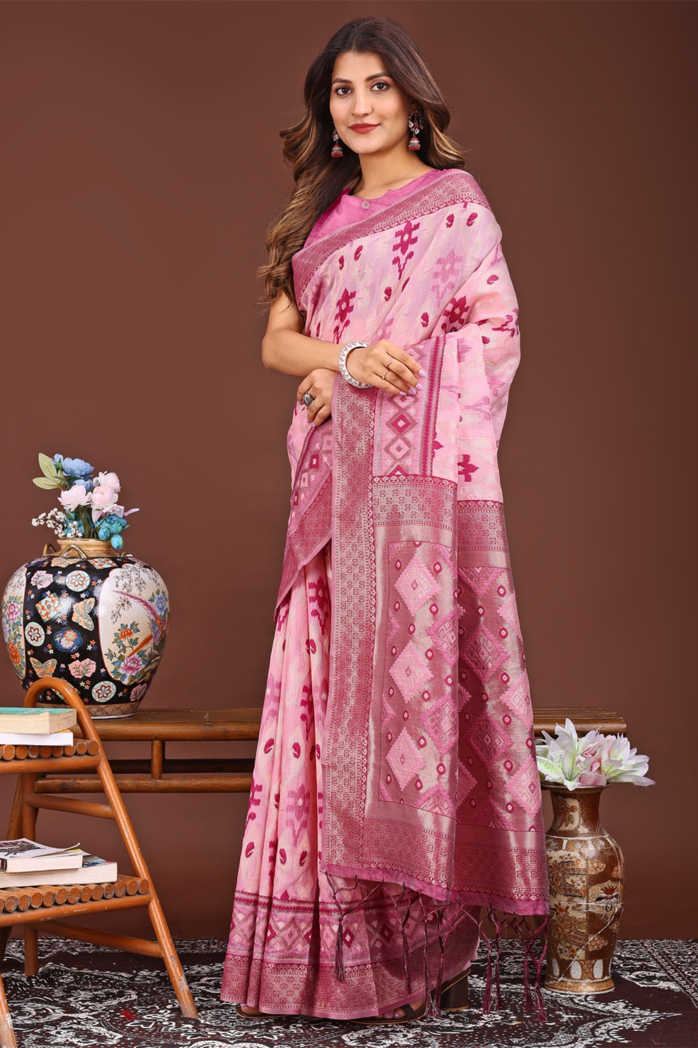 MySilkLove Cameo Pink Woven Linen Cotton Saree