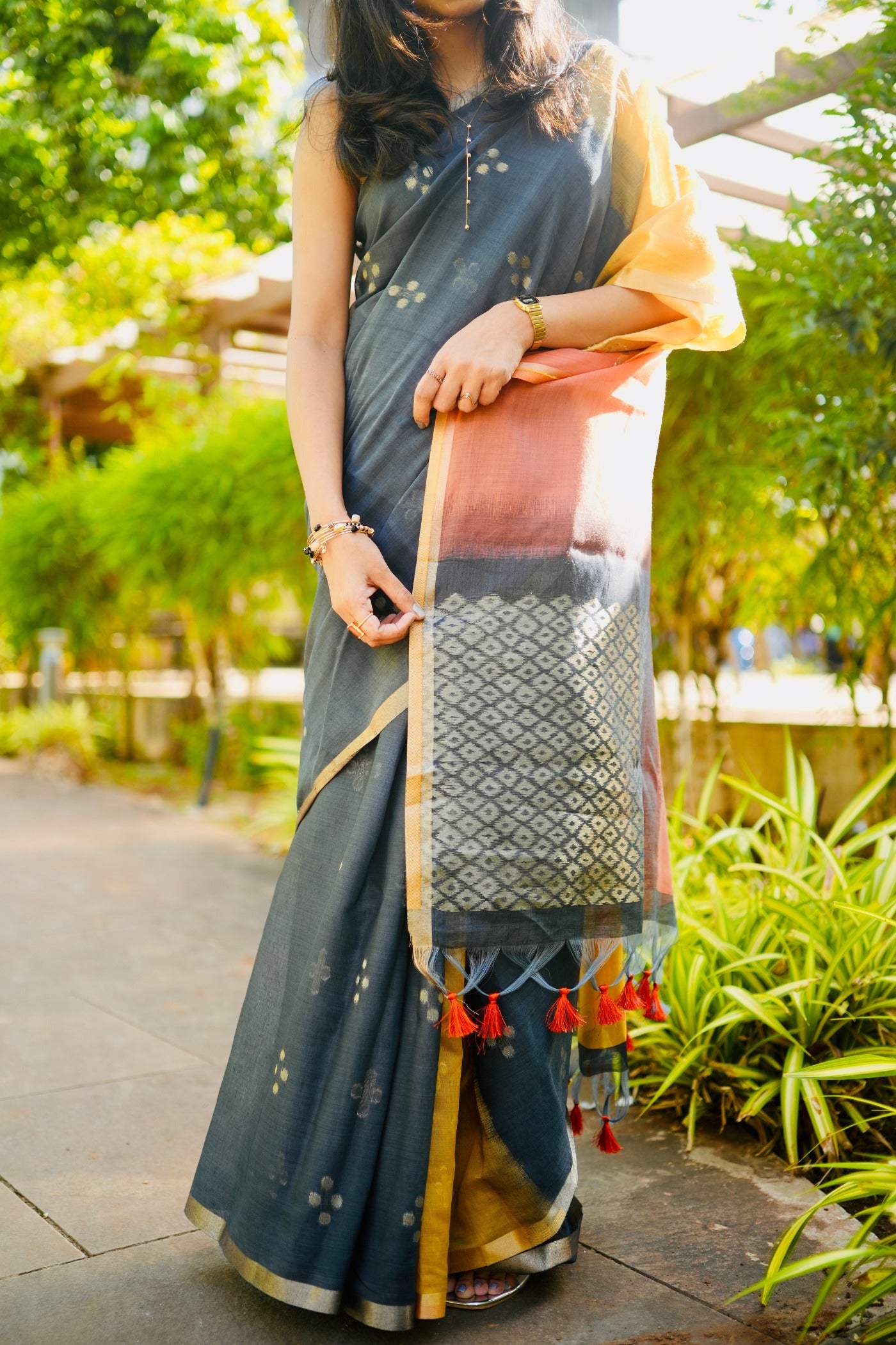 Buy MySilkLove Ink Black and Yellow Handloom Cotton Saree Online