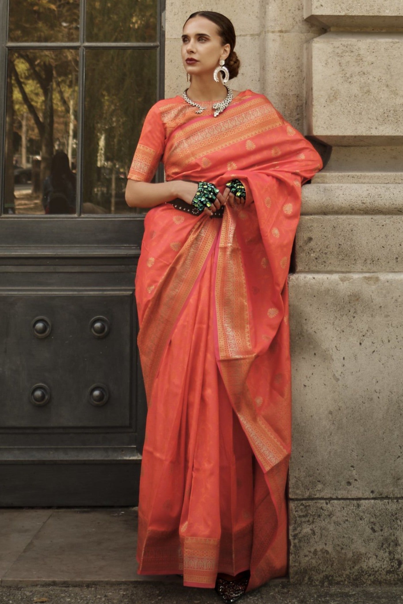 Buy MySilkLove Orange Carrot Banarasi Handloom Saree Online