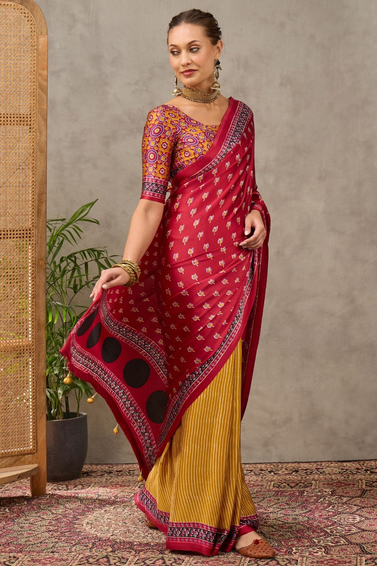 Buy MySilkLove Scarlet Red and Yellow Modal Satin Printed Silk Saree Online