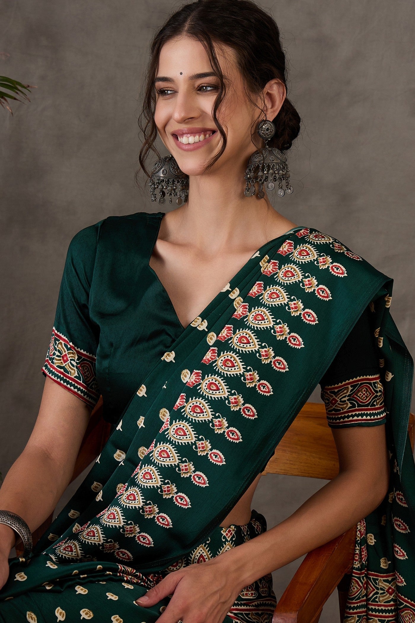 MySilkLove Hunter Green Printed Satin Gaji Silk Saree