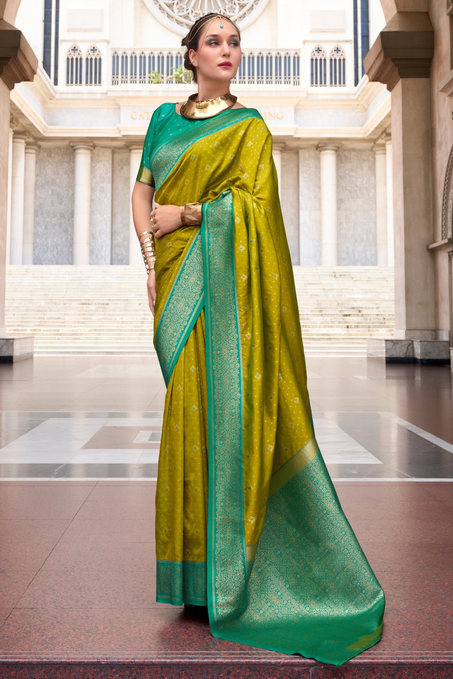 Buy MySilkLove Dark Mustard Green Zari Woven Banarasi Soft Silk Saree Online