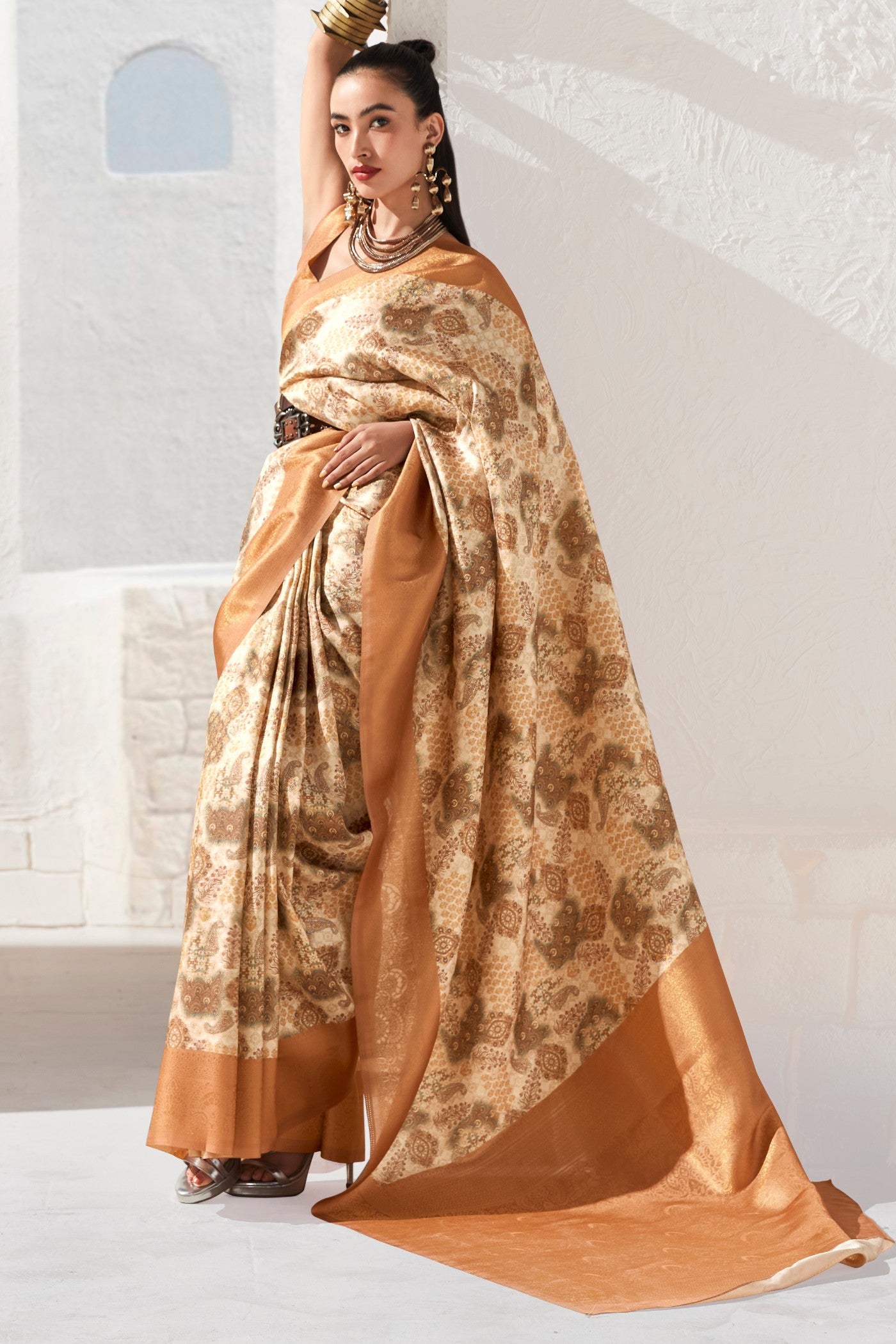 Buy MySilkLove Whiskey Brown Banarasi Digital Printed Saree Online