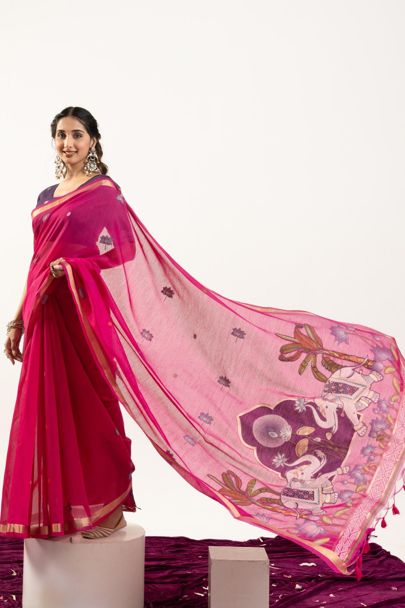 Buy MySilkLove Cherry Pink Woven Soft Muga Cotton Saree Online