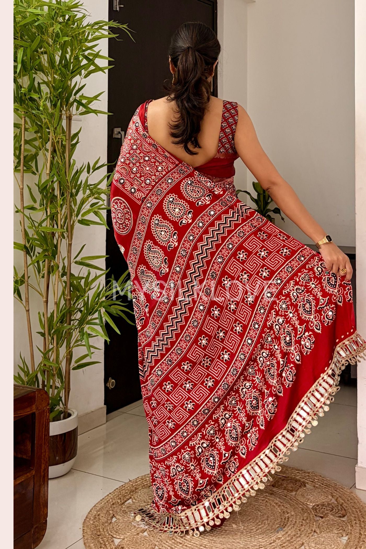 Buy MySilkLove Chili Red Ajrakh Satin Printed Mirror Work Saree Online