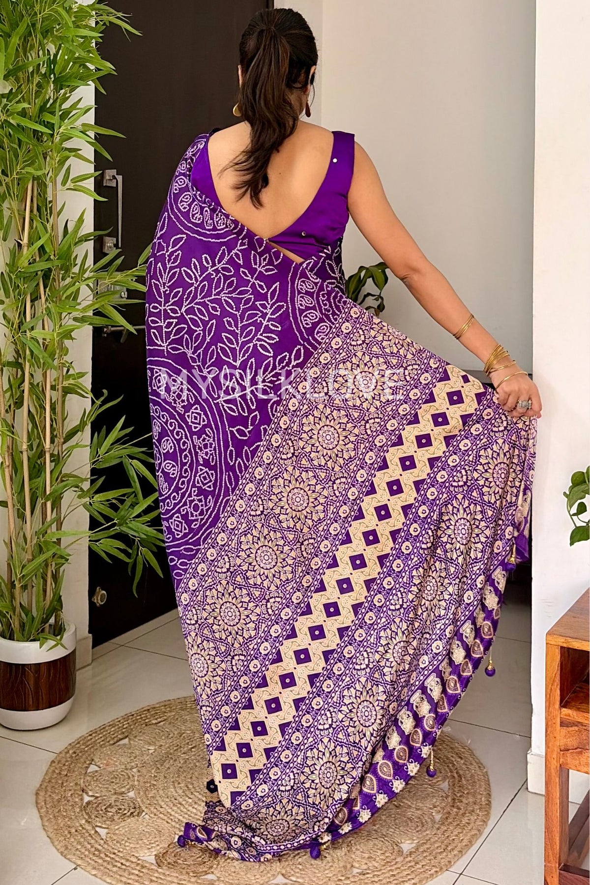 Buy MySilkLove Affair Purple Bandhani Fusion Ajrakh Pallu Mirror Work Saree Online