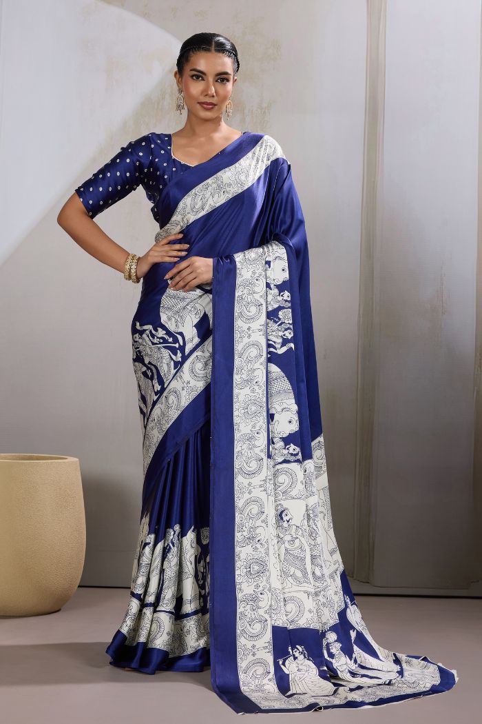 Buy MySilkLove Royal Blue Modal Ajrakh Printed Satin Silk Saree Online