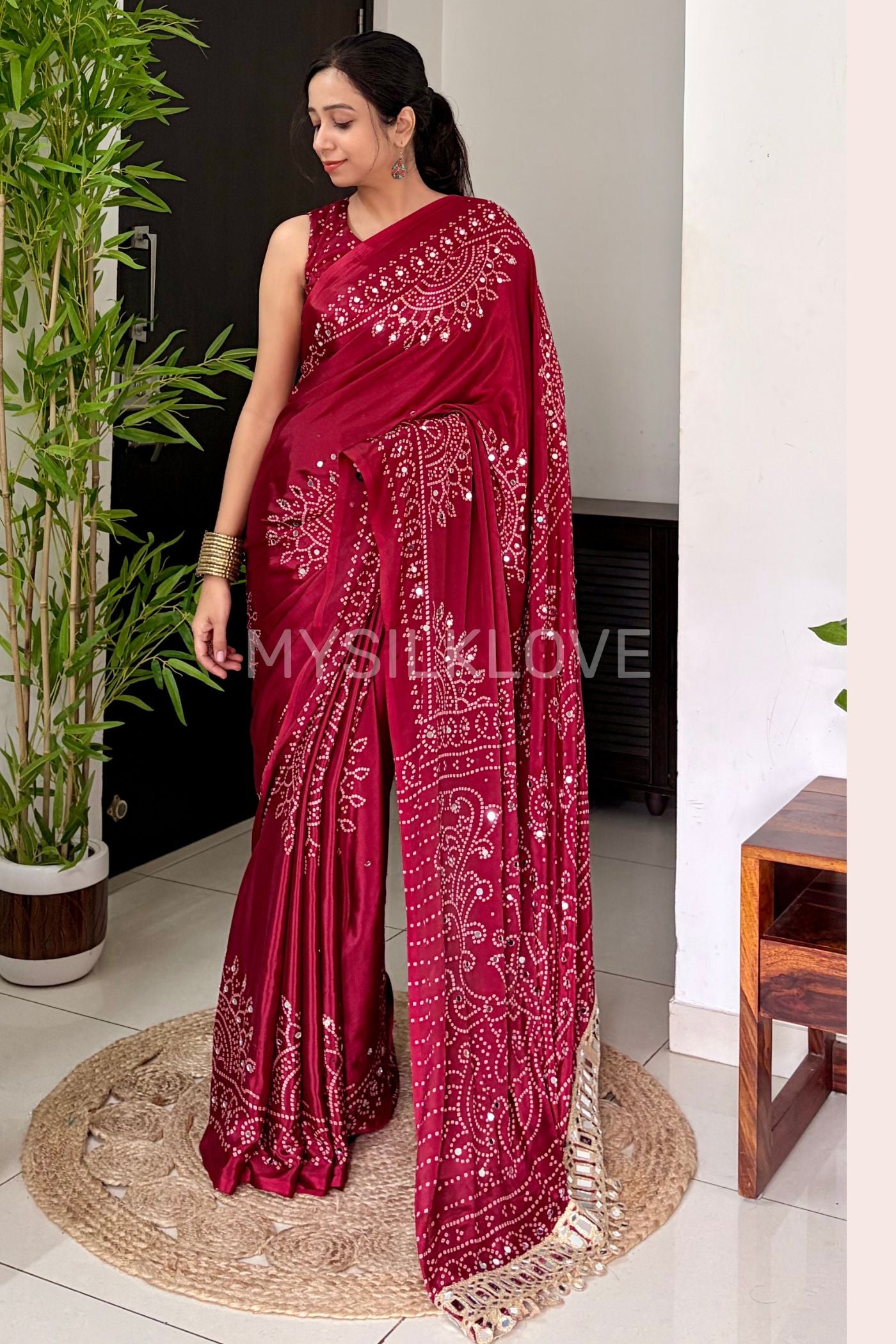 Buy MySilkLove Coral Red Bandhani Gaji Satin Mirror Work Silk Crepe Saree Online
