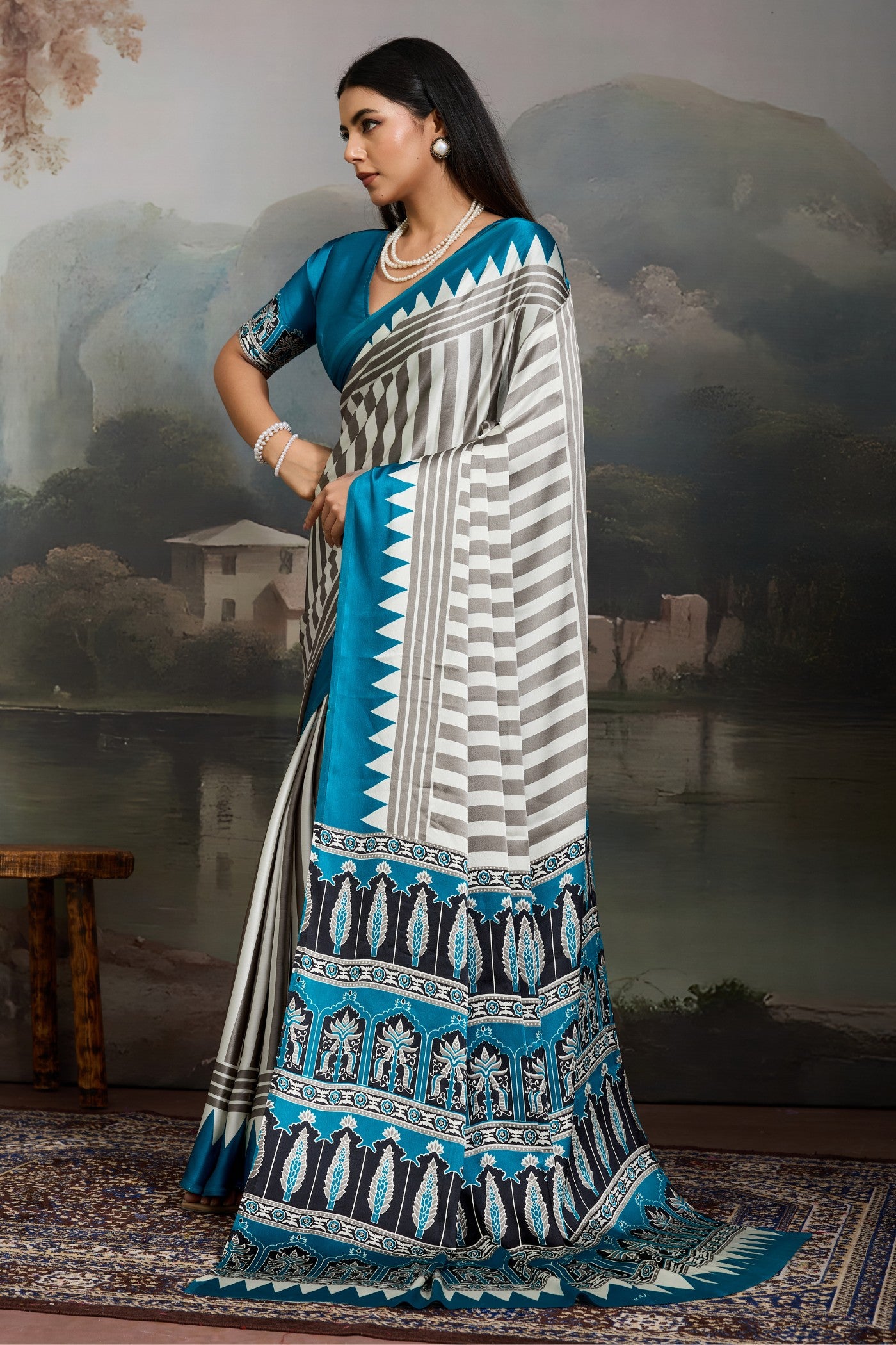 Buy MySilkLove Snow White and Blue Ajrakh Printed Satin Crepe Silk Saree Online