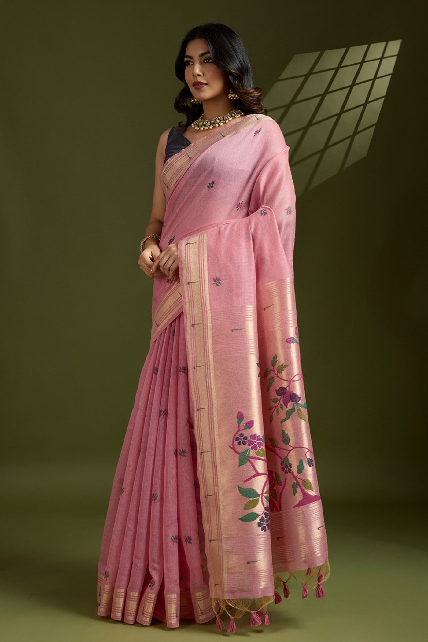 Buy MySilkLove Pink Pearl Woven Muga Cotton Paithani Saree Online