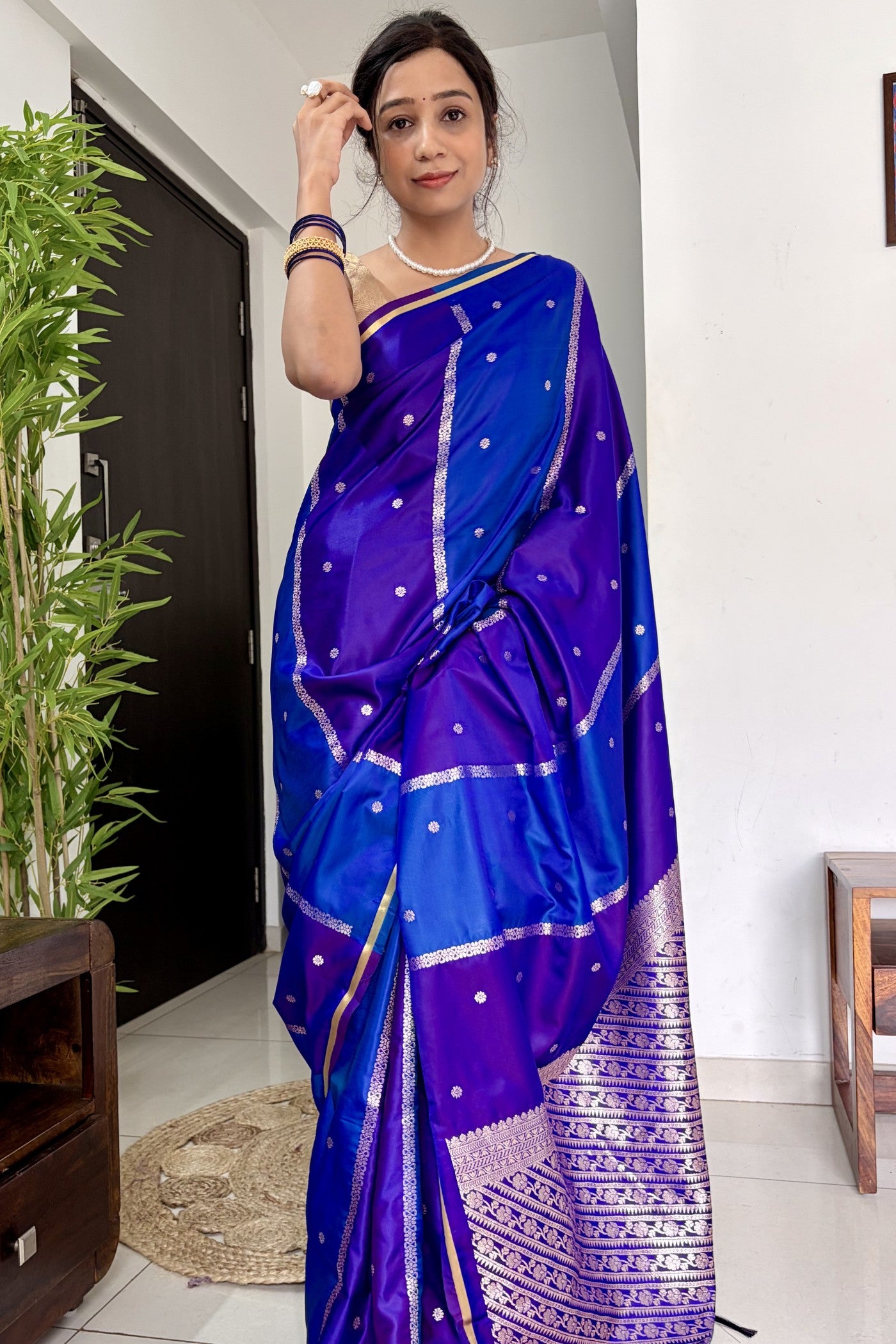 Buy MySilkLove Dark Blue Handloom Rangkat Banarasi Satin Silk Saree Online