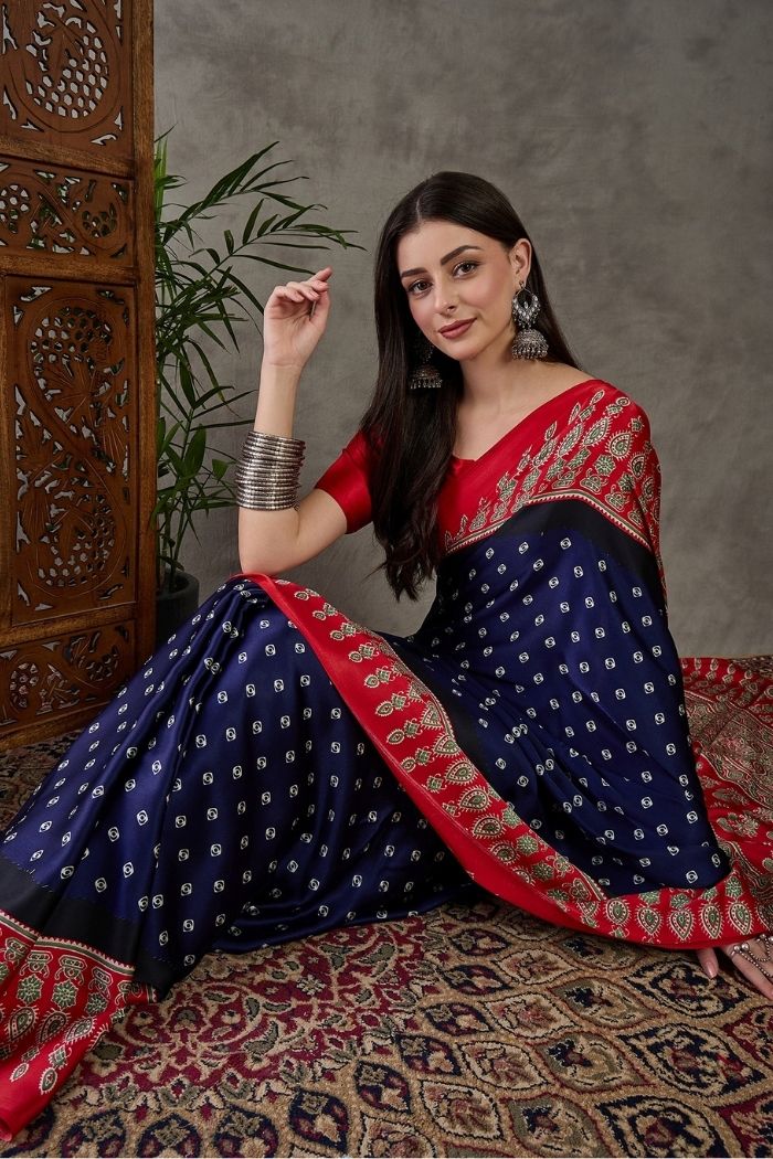MySilkLove Bismark Blue and Red Ajrakh Printed Satin Gaji Silk Saree
