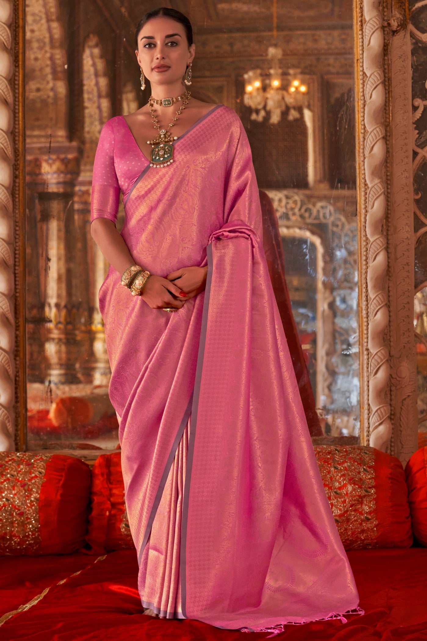 Buy MySilkLove Baby Pink Handloom Kanjivaram Saree Online