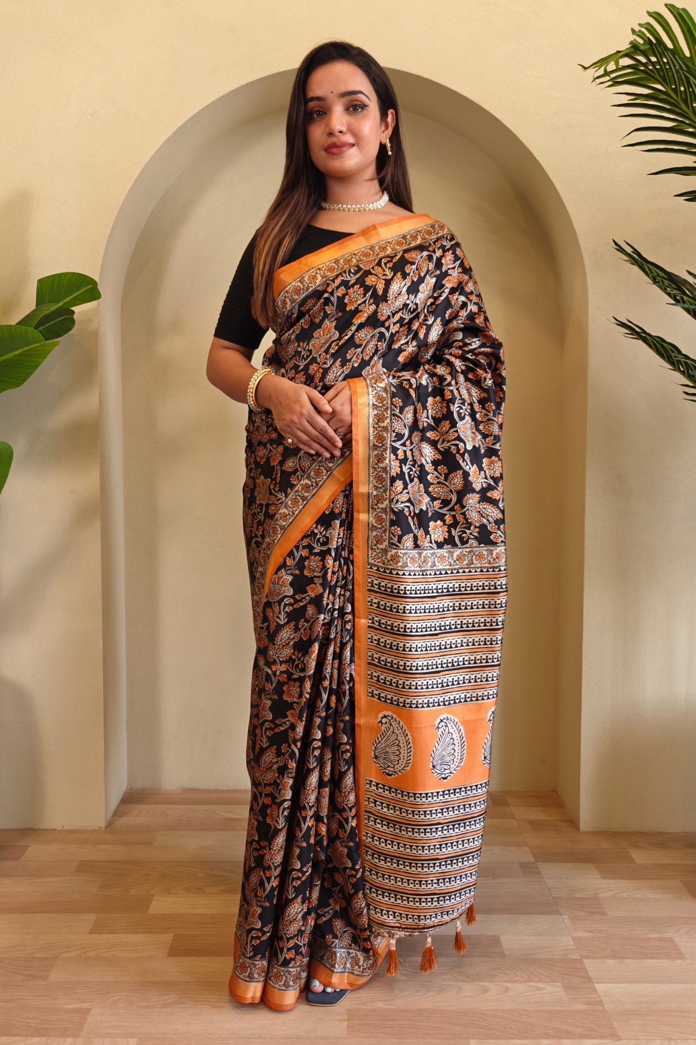 Buy MySilkLove Coral Black and Orange Digital Printed Saree Online