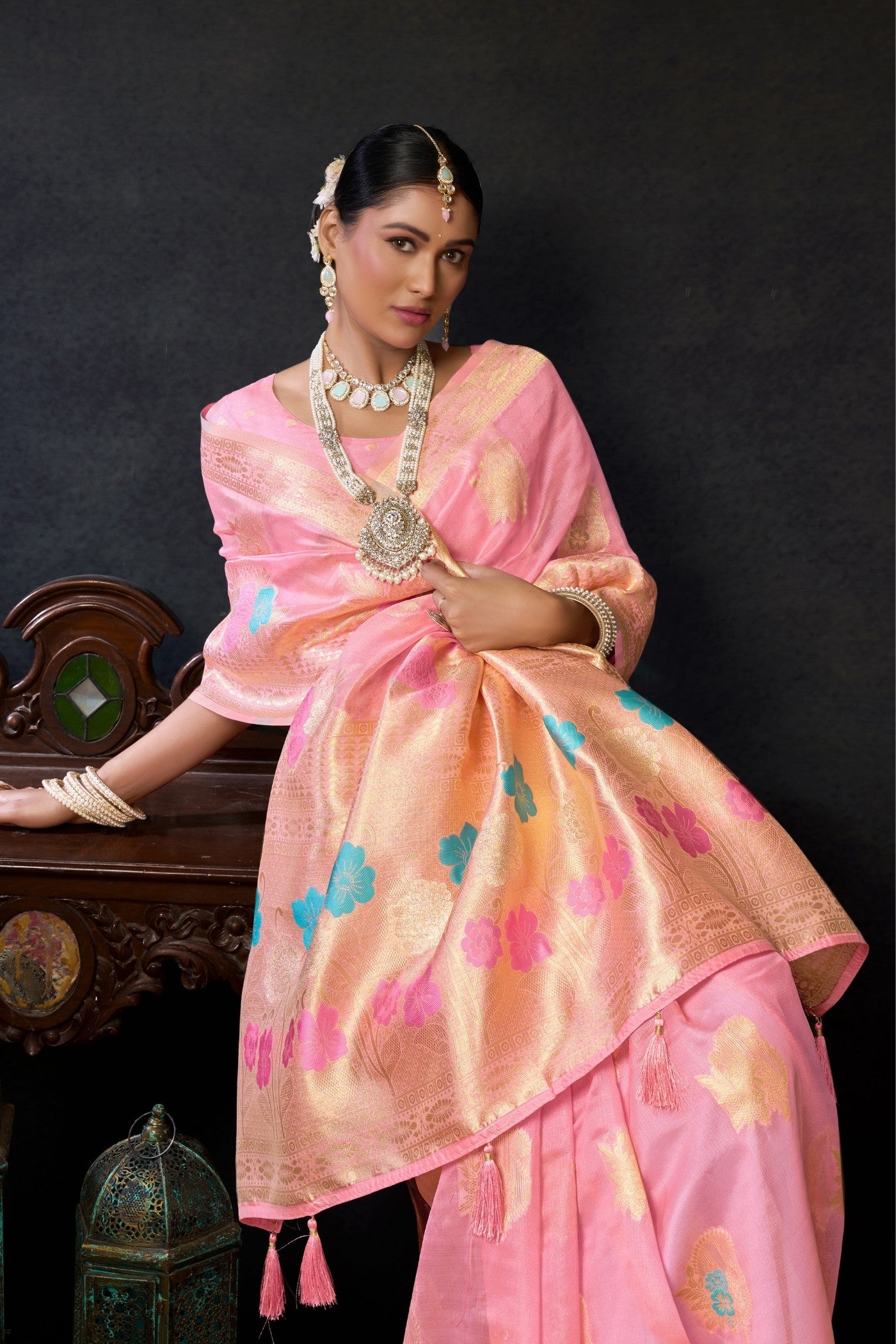 Buy MySilkLove Cupid Pink Woven Banarasi Organza Saree Online