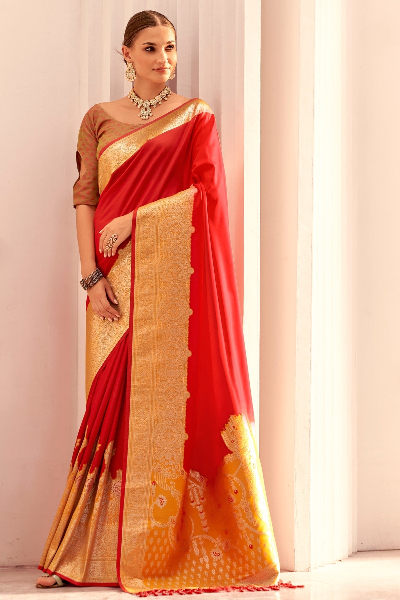 Buy MySilkLove Fire Red Woven Banarasi Soft Silk Saree Online