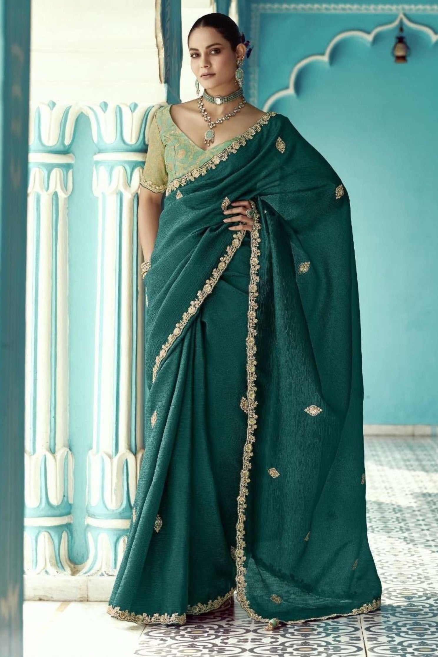 Buy MySilkLove Sherwood Green Embroidered Tissue Designer Saree Online