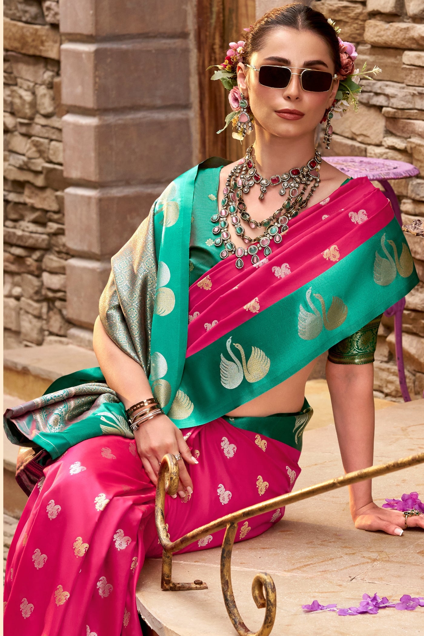 Buy MySilkLove Hot Pink Woven Satin Soft Silk Saree Online
