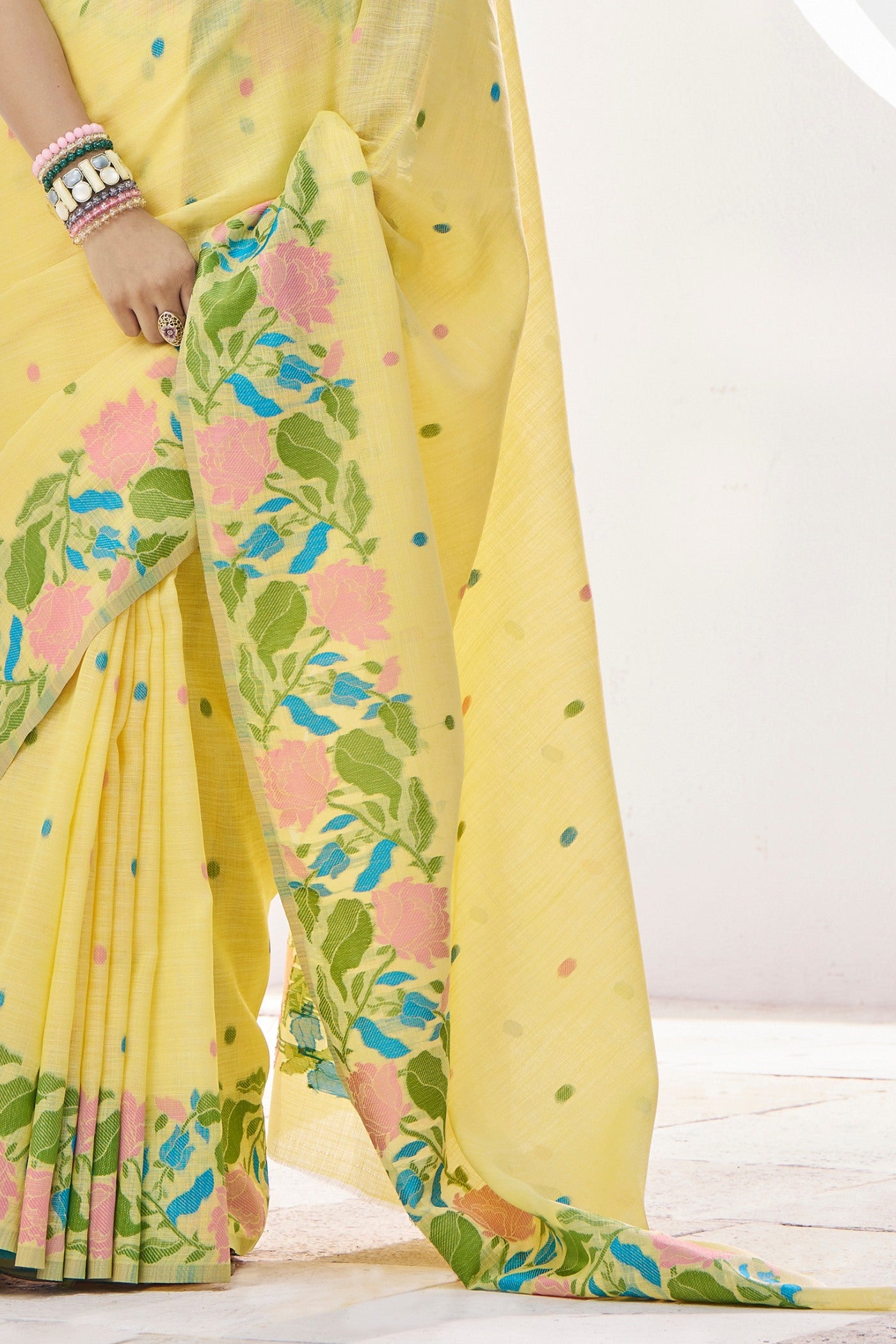 Buy MySilkLove Putty Yellow Printed Linen Saree Online