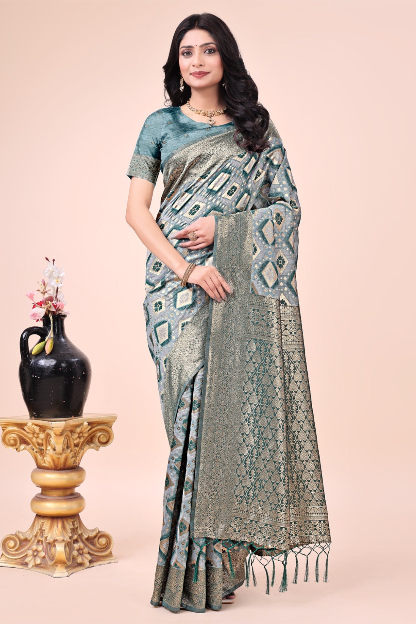 Buy MySilkLove Envy Green Woven Cotton Saree Online