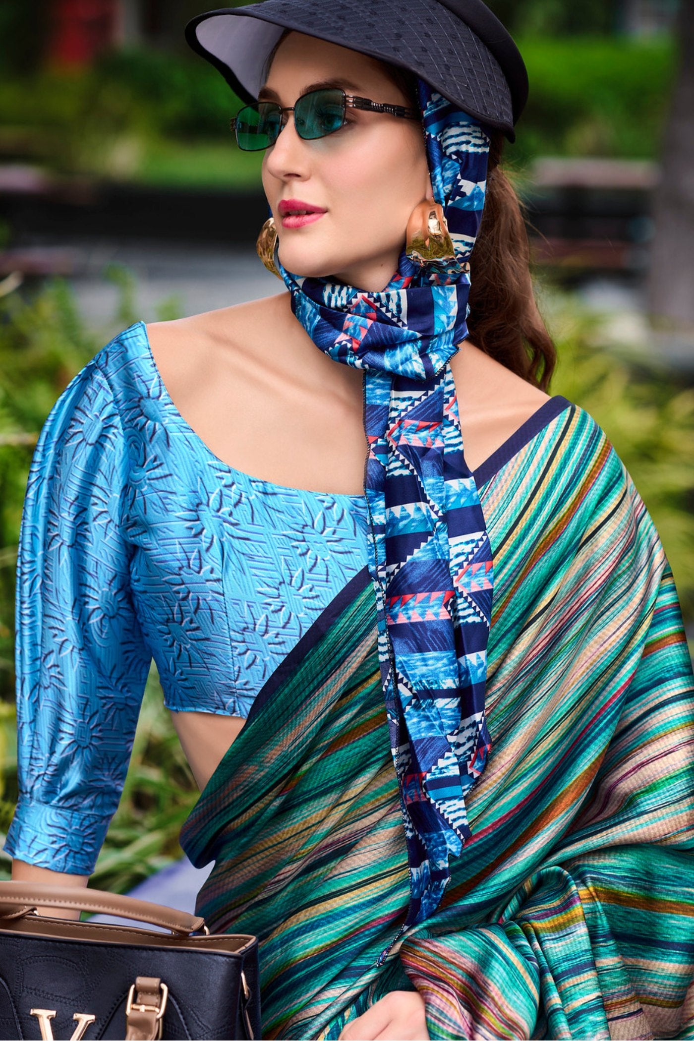 MySilkLove Smalt Blue Printed Satin Crepe Silk Saree