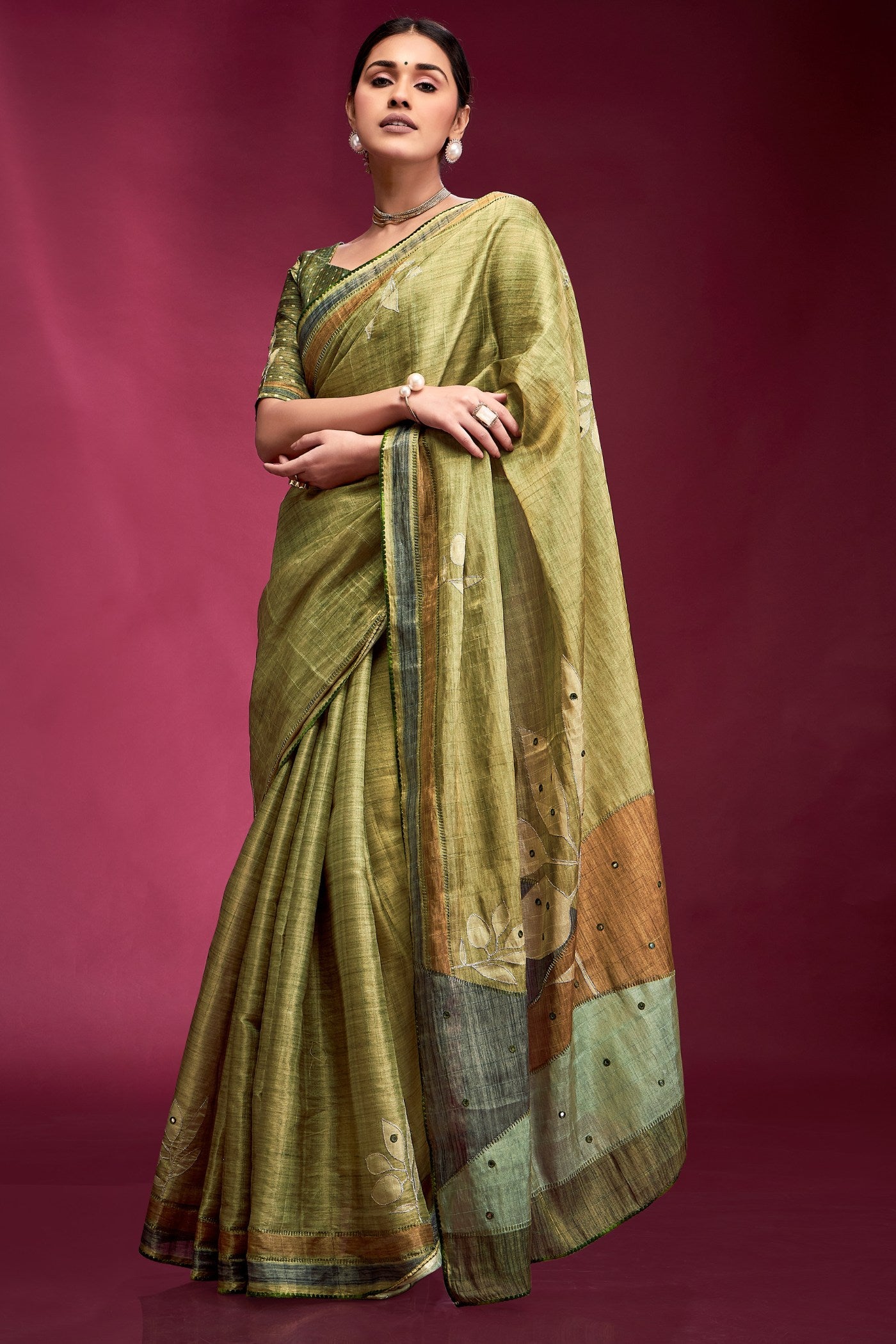 Buy MySilkLove Locust Green Woven Tussar Silk Saree Online