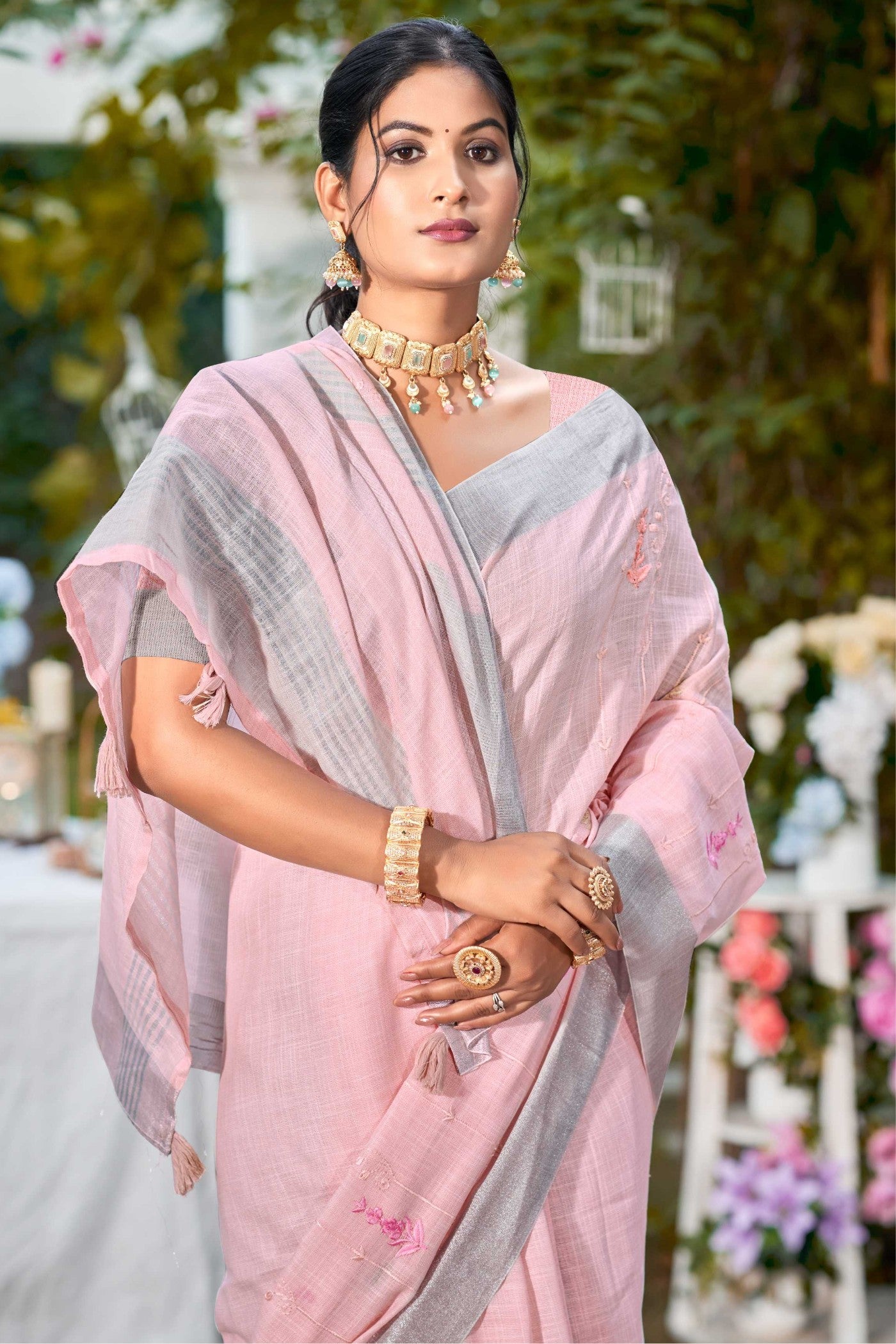 MySilkLove Dusty Pink Woven Cotton Linen Saree