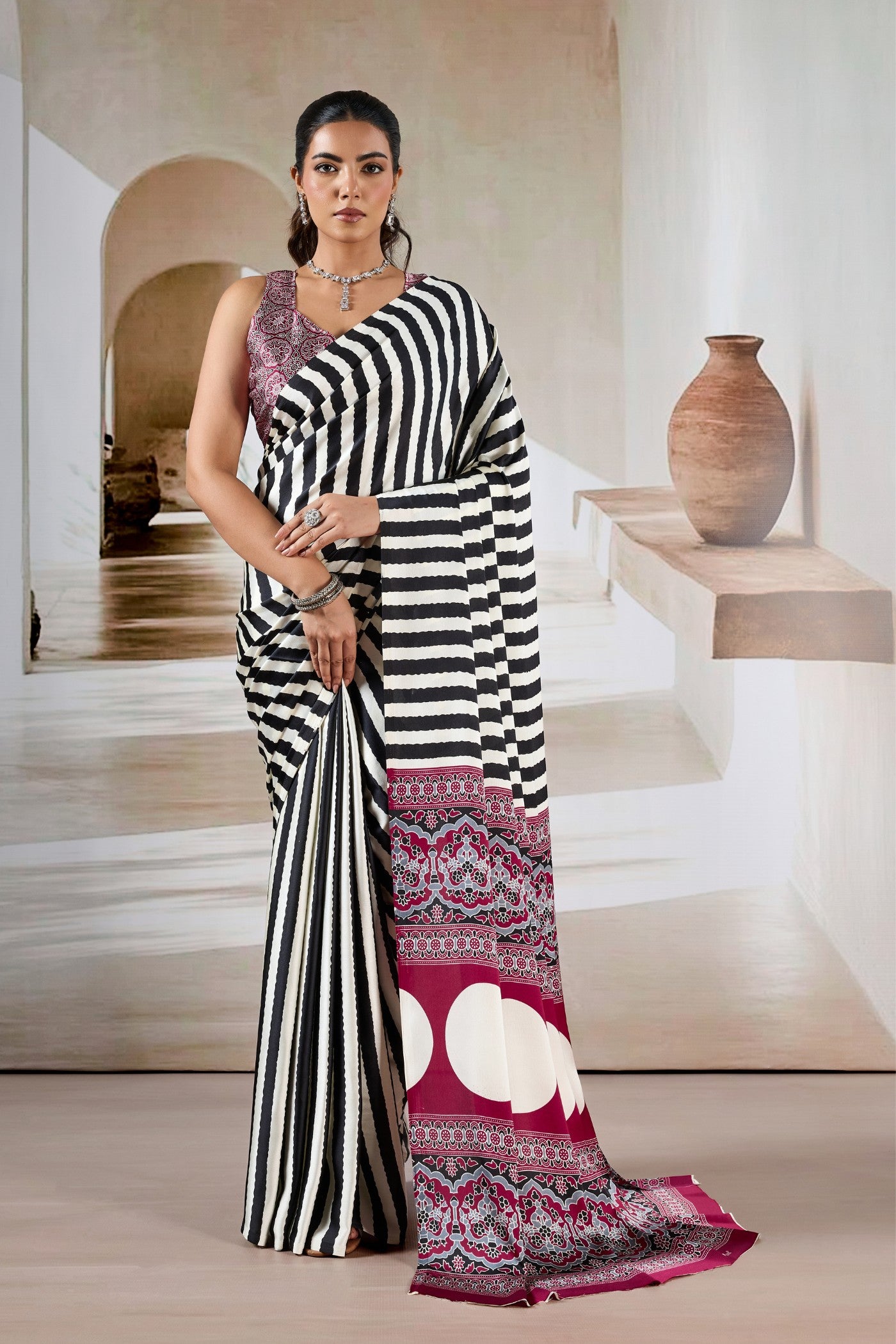 Buy MySilkLove Noir Black Stripe Ajrakh Printed Satin Crepe Silk Saree Online