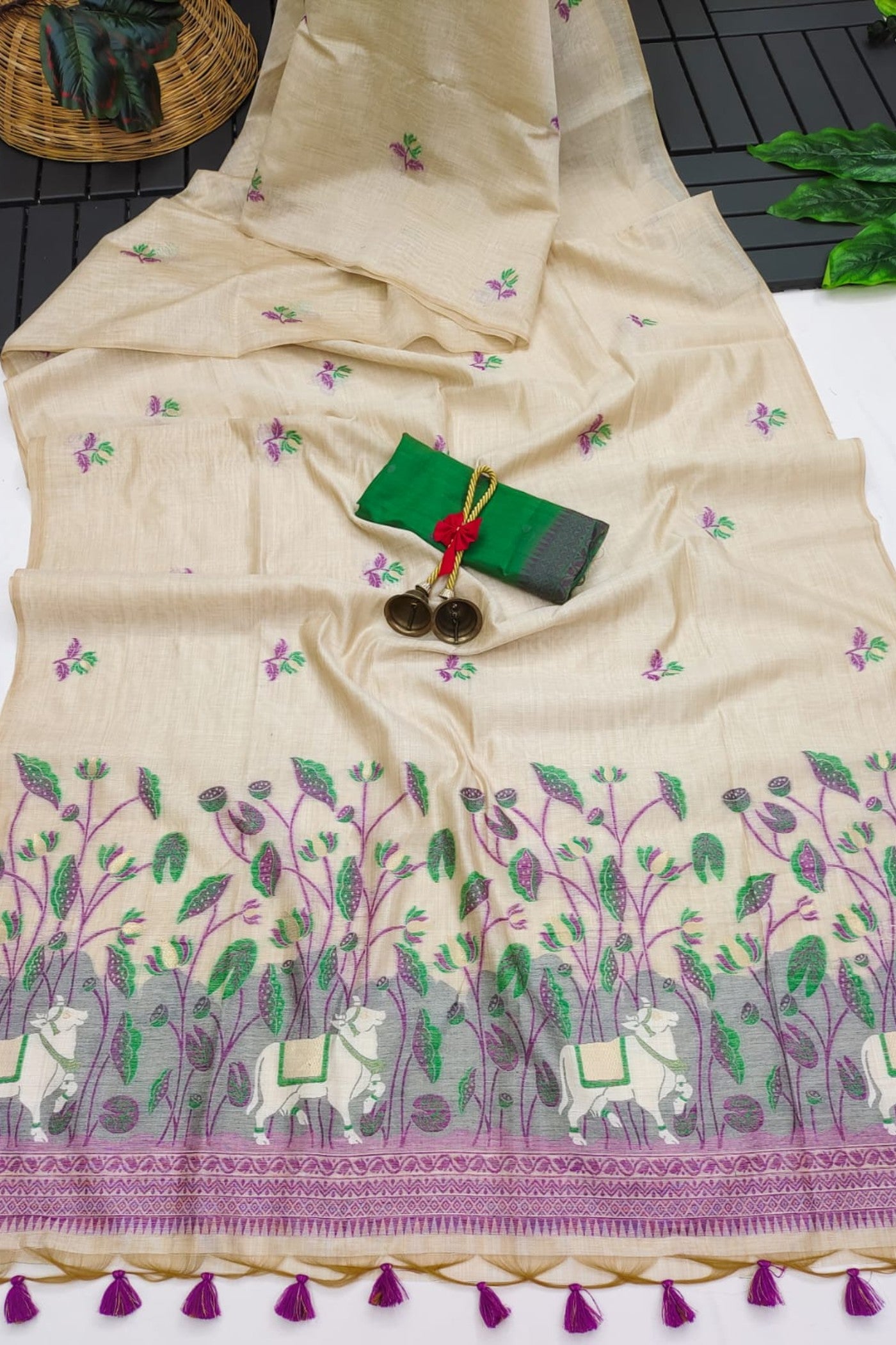 Buy MySilkLove Soapstone White and Green Muga Cotton Saree Online