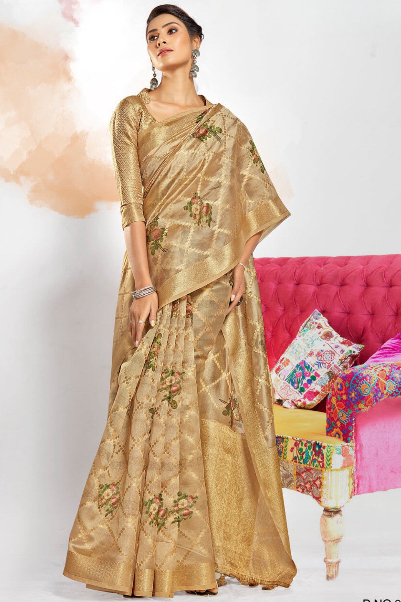 Buy MySilkLove Tussock Cream Digital Printed Banarasi Saree Online