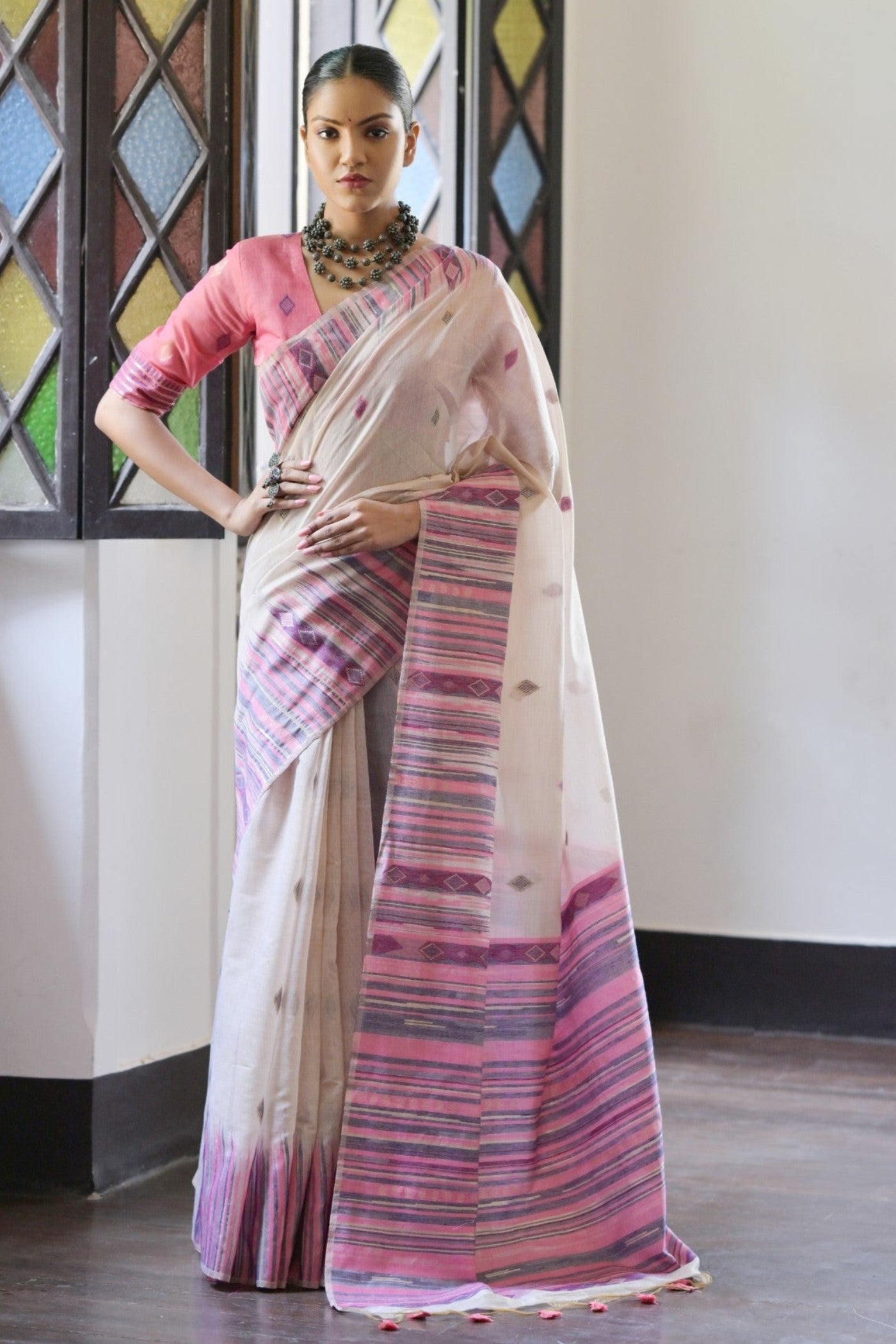 Buy MySilkLove Smoke White and Purple Muga Cotton Saree Online