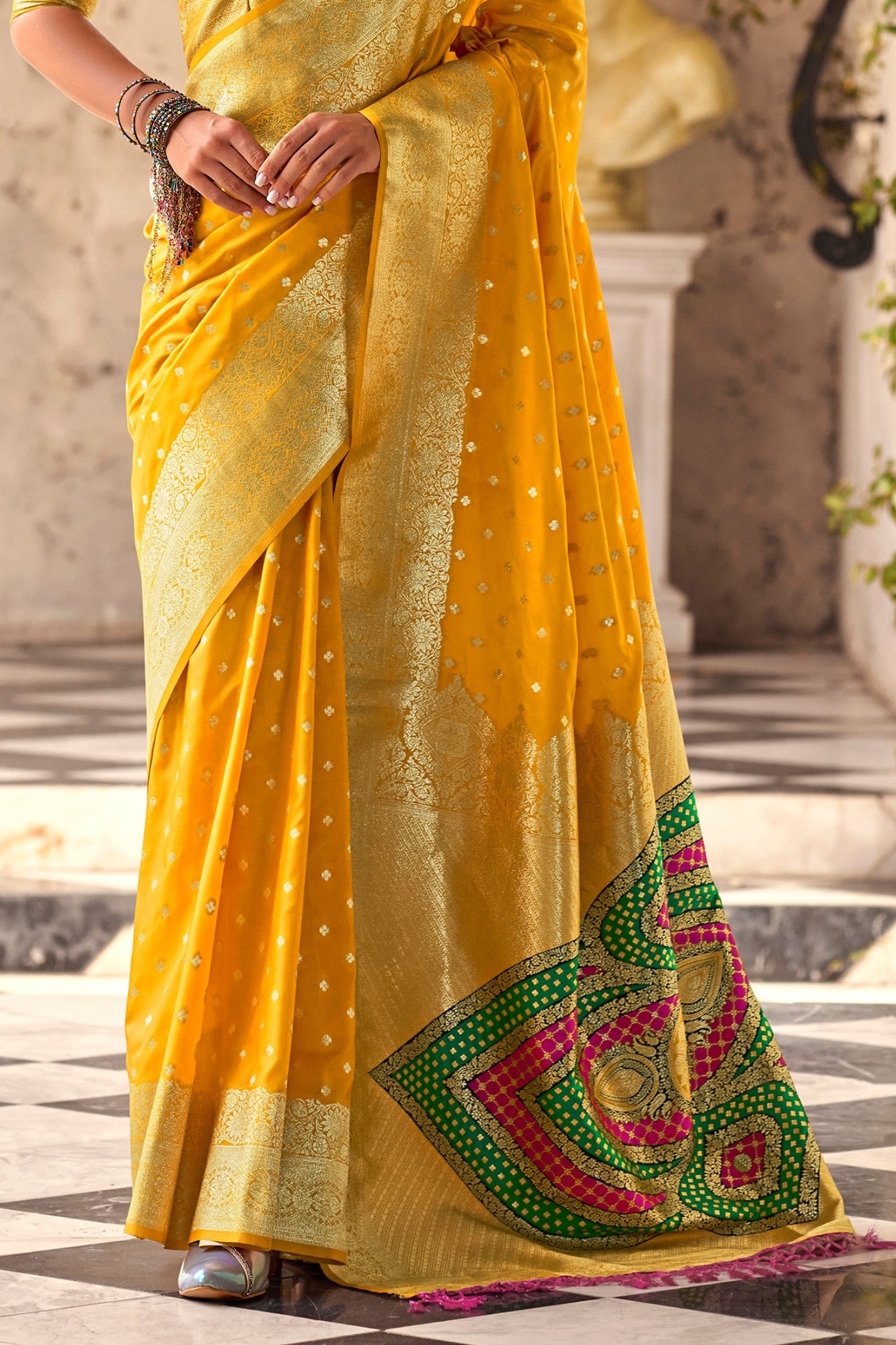 Buy MySilkLove Sun Flower Yellow Woven Banarasi Soft Silk Saree Online