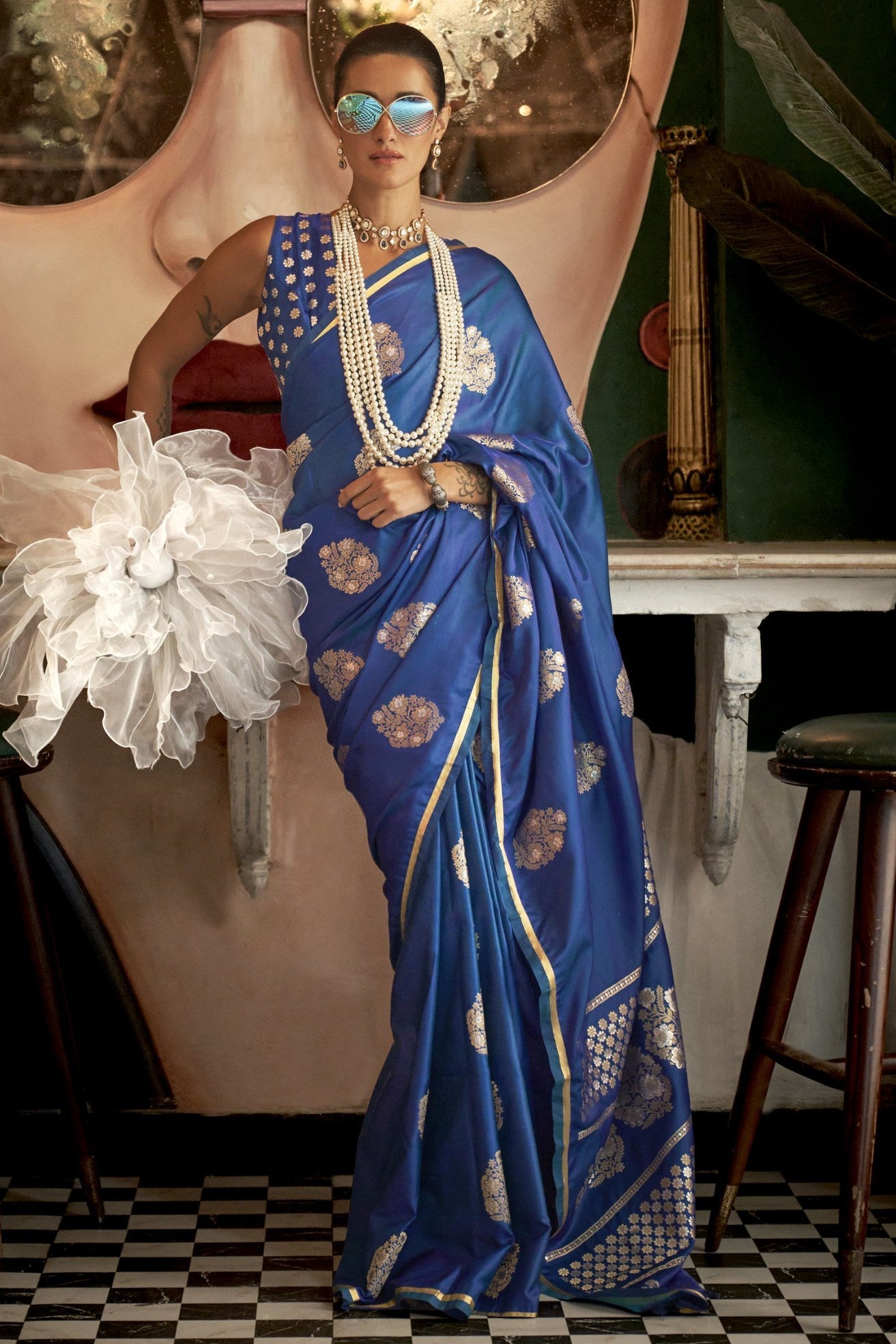 Buy MySilkLove Kashmir Blue Banarasi Handloom Satin Saree Online